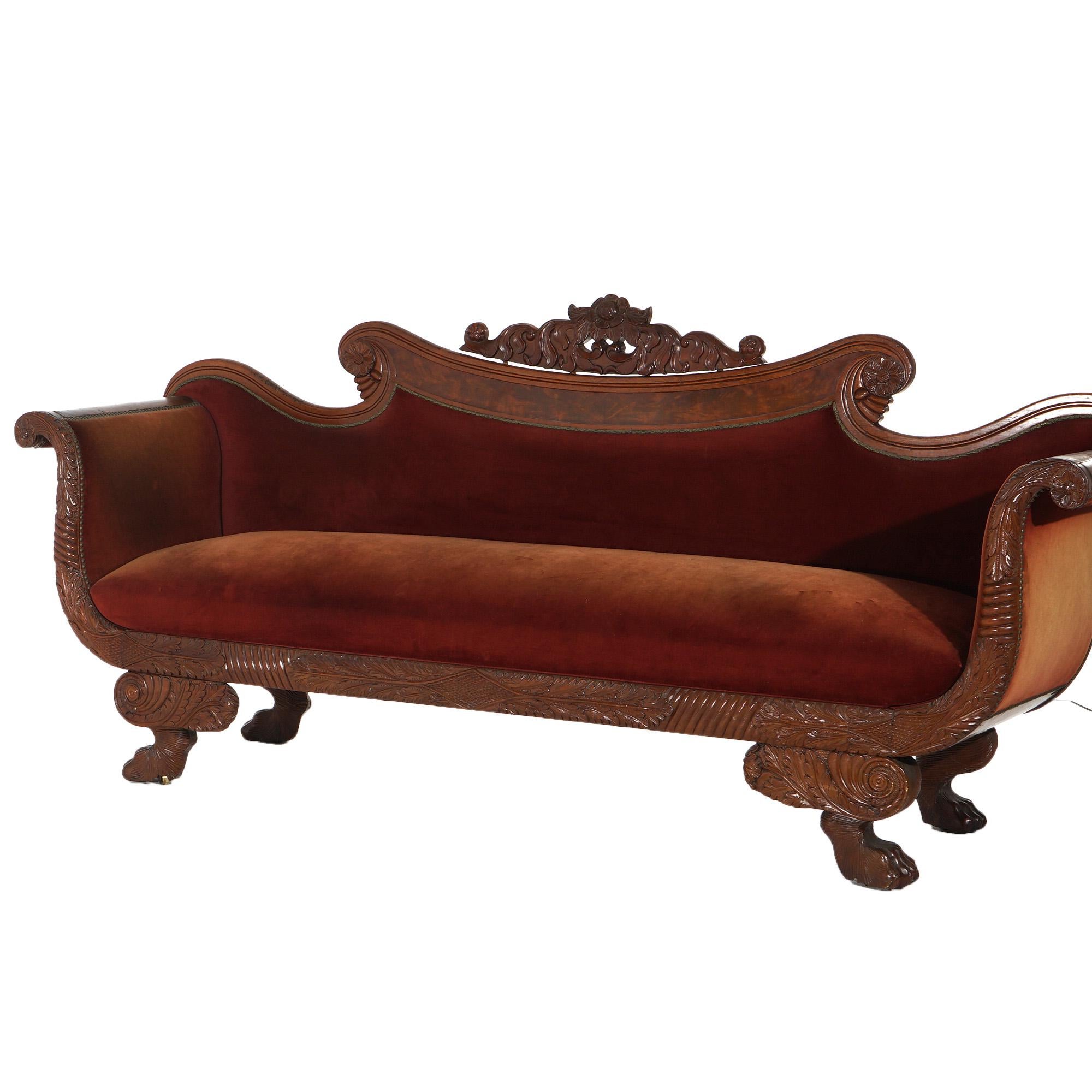 Upholstery Antique Neoclassical American Empire Carved Walnut And Burl Sofa C1840 For Sale