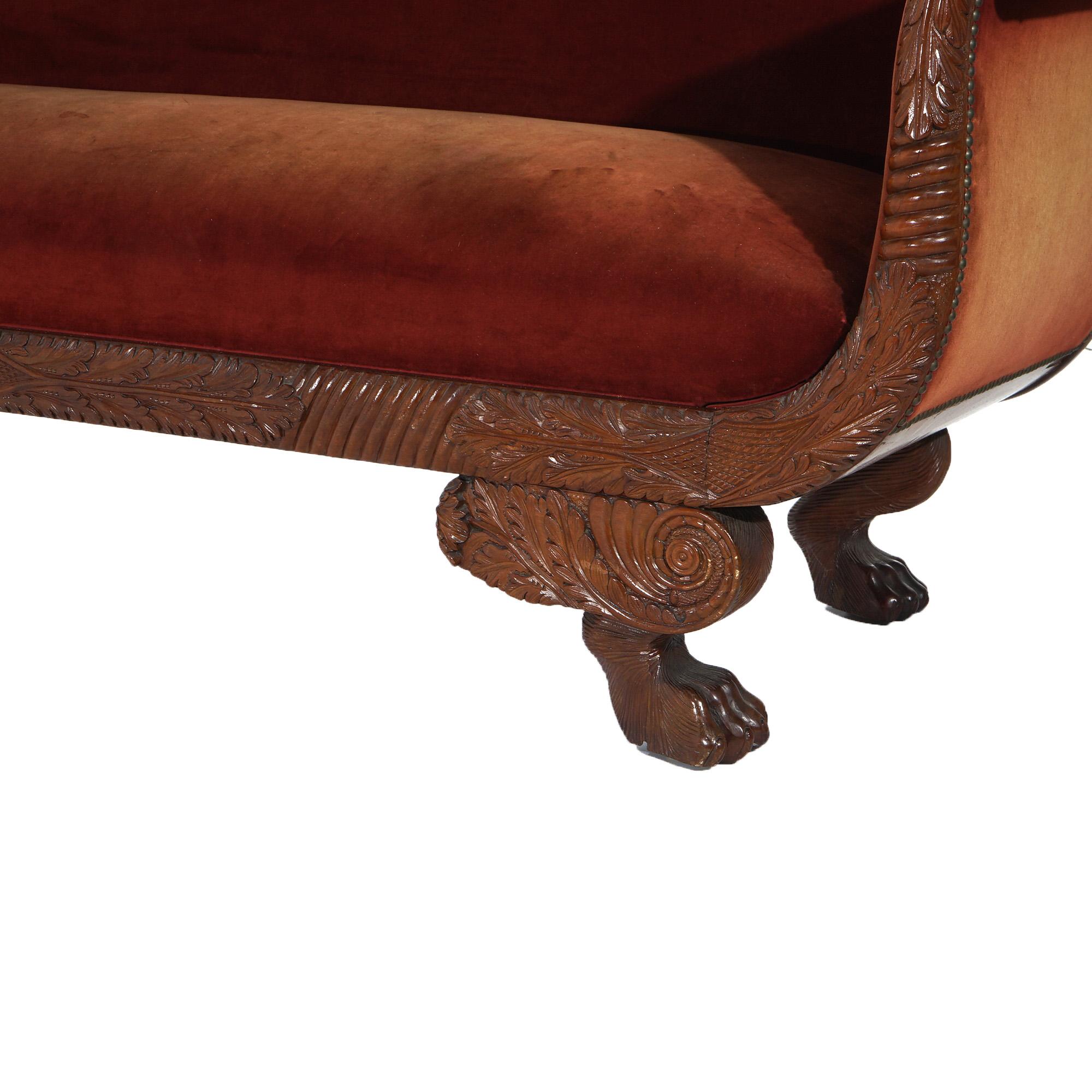 19th Century Antique Neoclassical American Empire Carved Walnut And Burl Sofa C1840