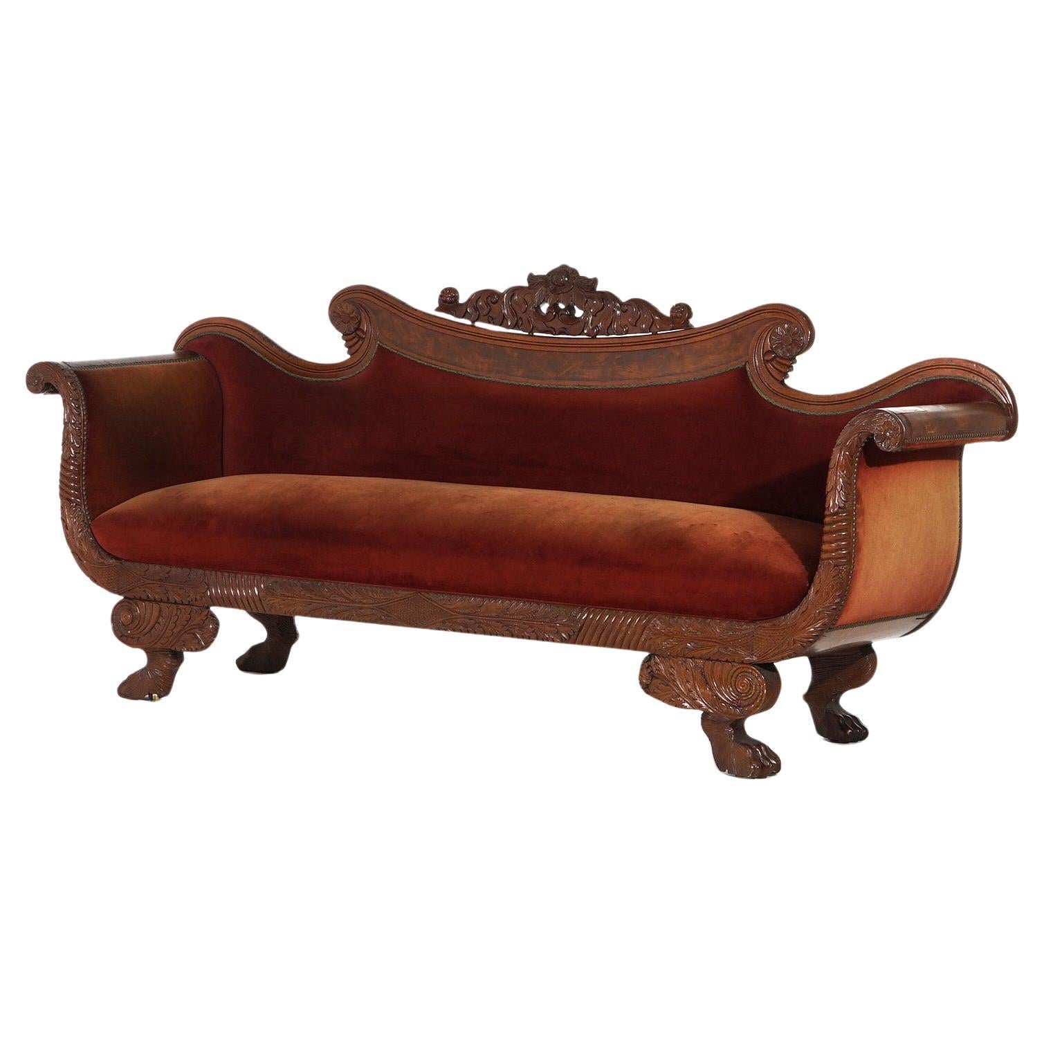 Antique Neoclassical American Empire Carved Walnut And Burl Sofa C1840 For Sale