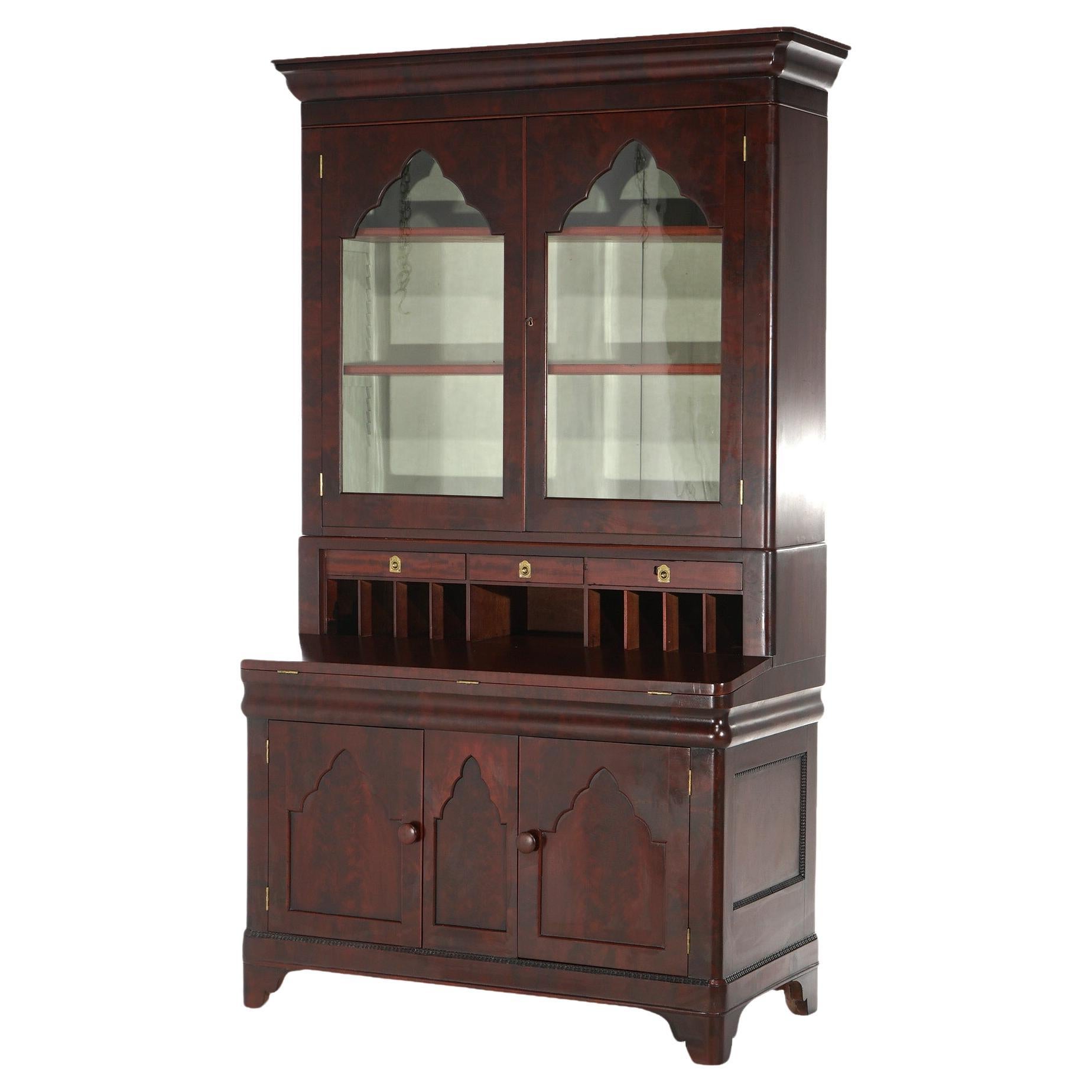 ***Ask About Reduced In-House Delivery Rates - Reliable Professional Service & Fully Insured***
Antique Neoclassical American Empire Flame Mahogany Secretary with Upper Double Glass Door Bookcase over Lower with Fold Down Desk and Double Door