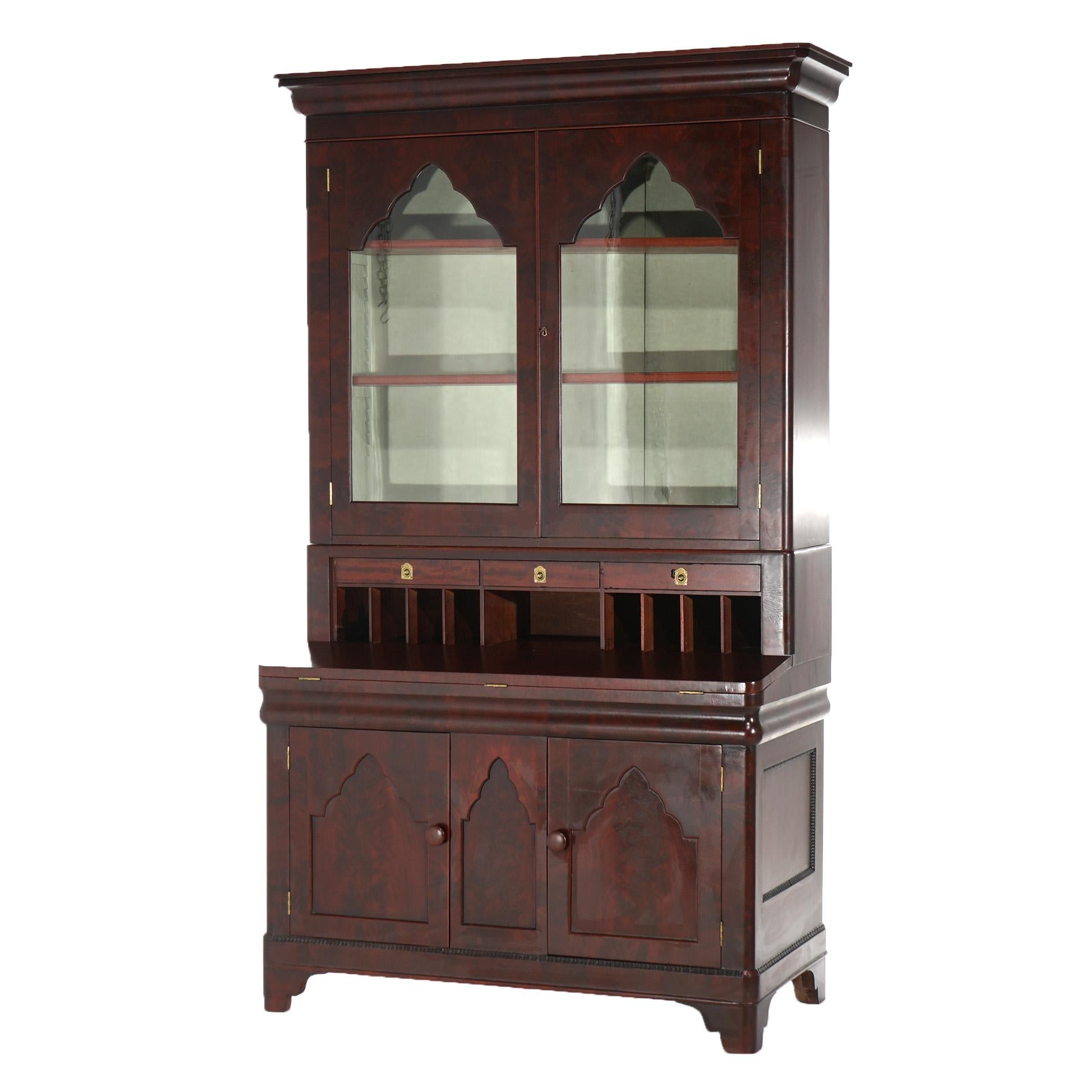 19th Century Antique Neoclassical American Empire Flame Mahogany Secretary Desk C1840