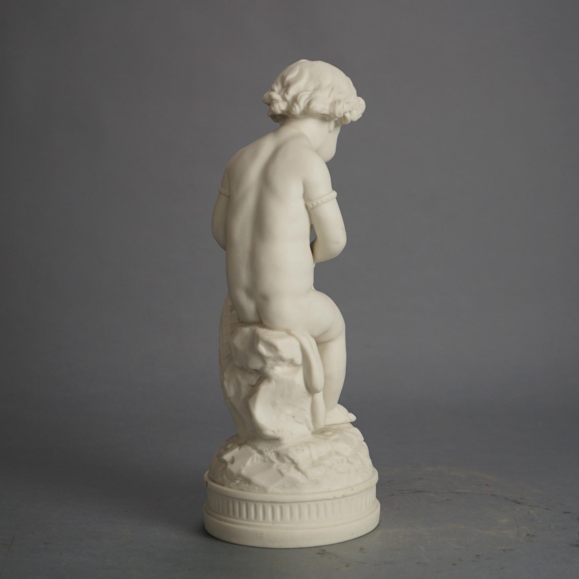 Antigua figura neoclásica de porcelana bisqueada de un querubín C1850 en venta 1