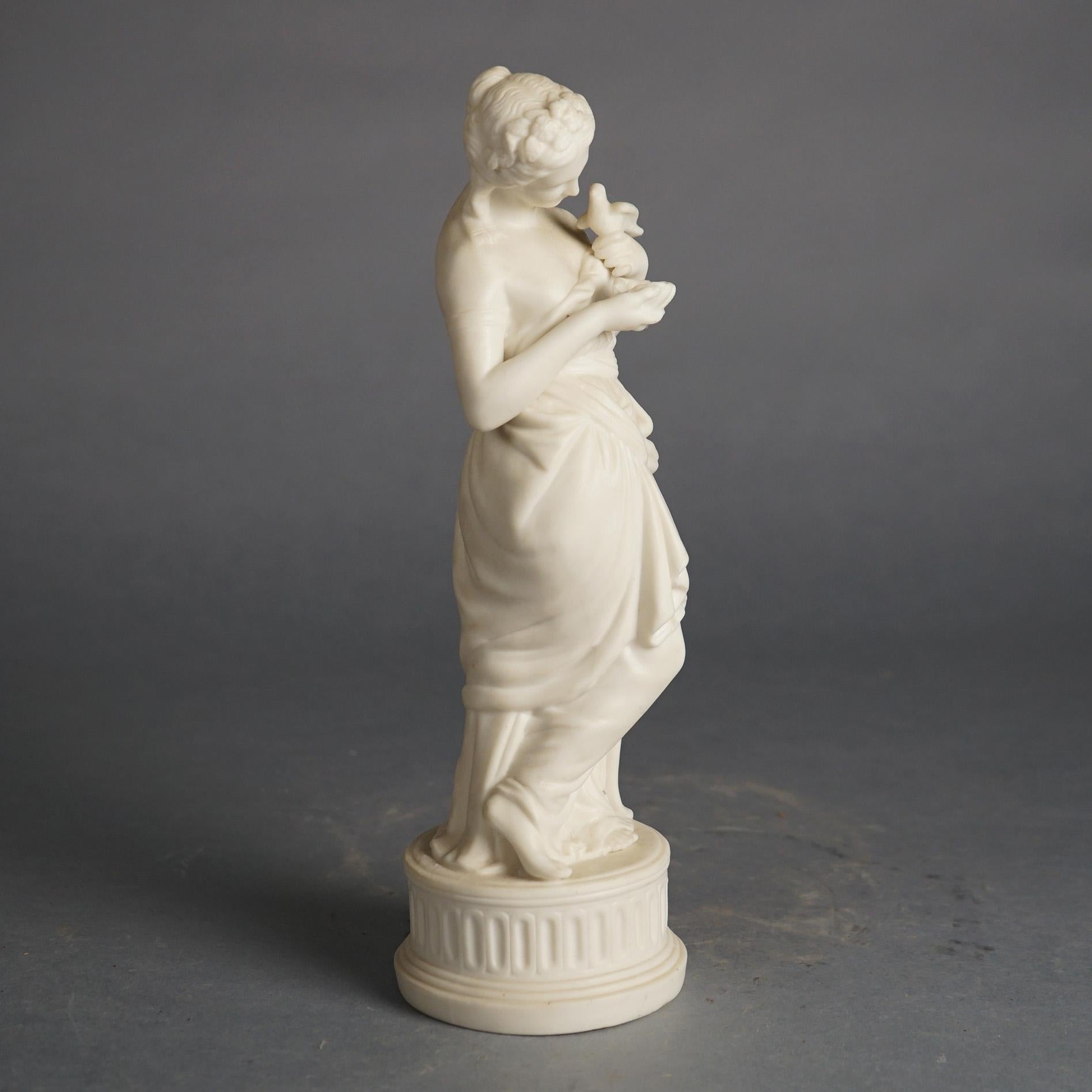 19th Century Antique Neoclassical Bisque Porcelain Figure of a Classical Woman & Bird C1850