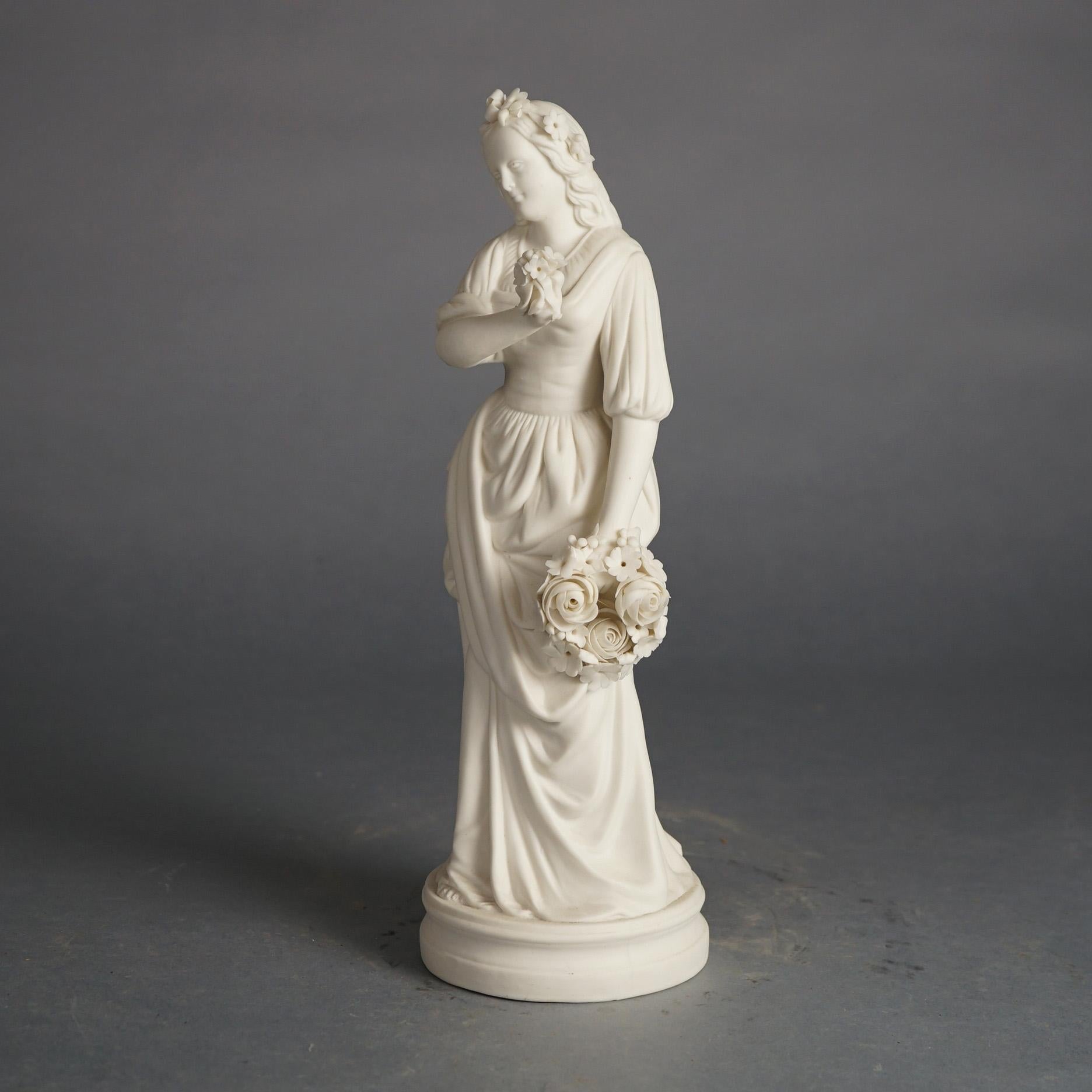 Ancienne figurine néoclassique en porcelaine biscuit représentant une femme et des fleurs classiques, vers 1850 Bon état - En vente à Big Flats, NY