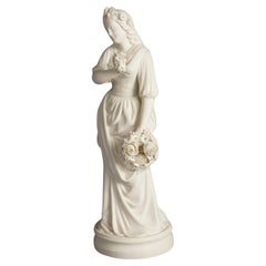 Ancienne figurine néoclassique en porcelaine biscuit représentant une femme et des fleurs classiques, vers 1850