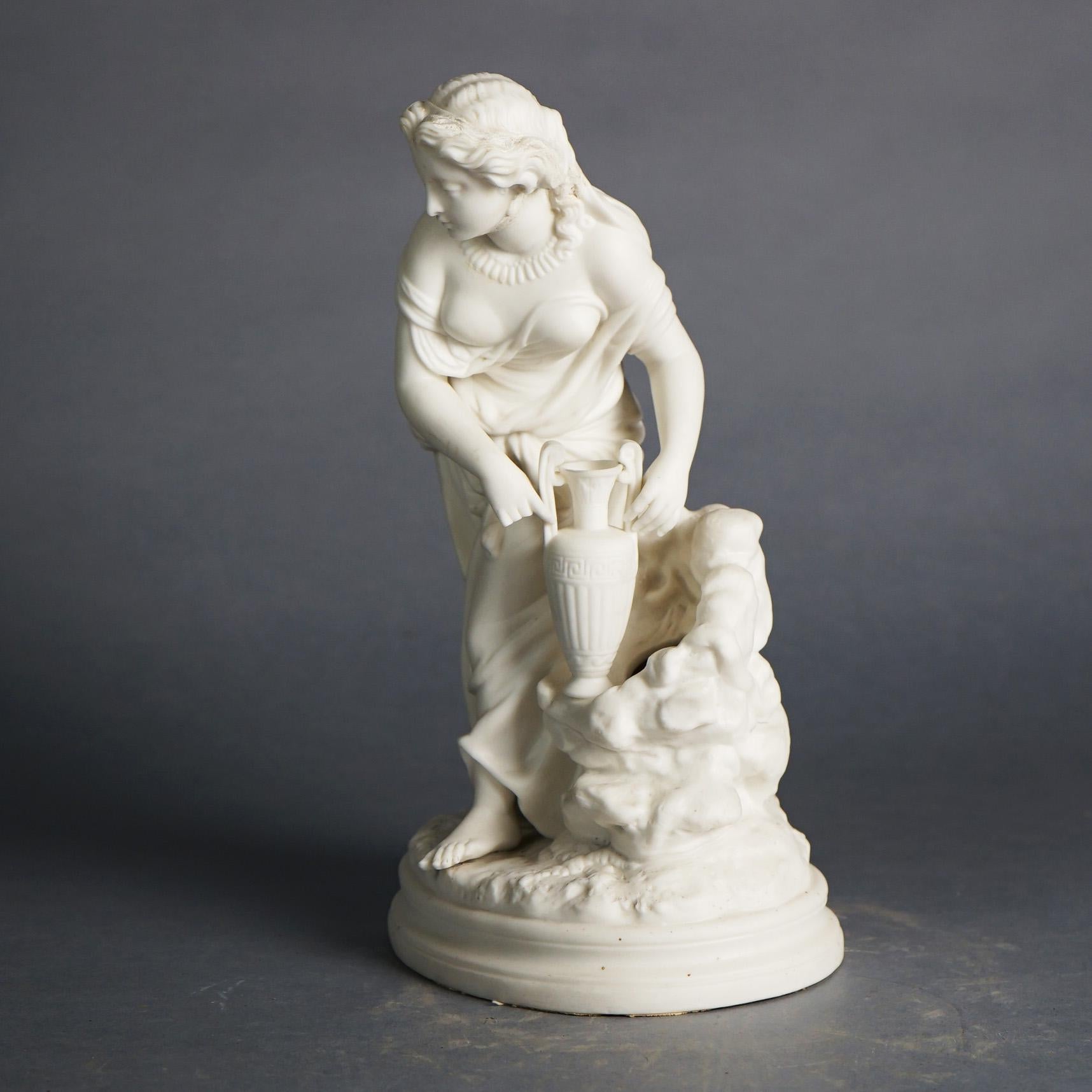 Antique Neoclassical Bisque Porcelain Figure of a Classical Roman-Greco Woman at a Well with Water Jug, C1850

Measures- 12.75''H x 7.5''W x 6''D