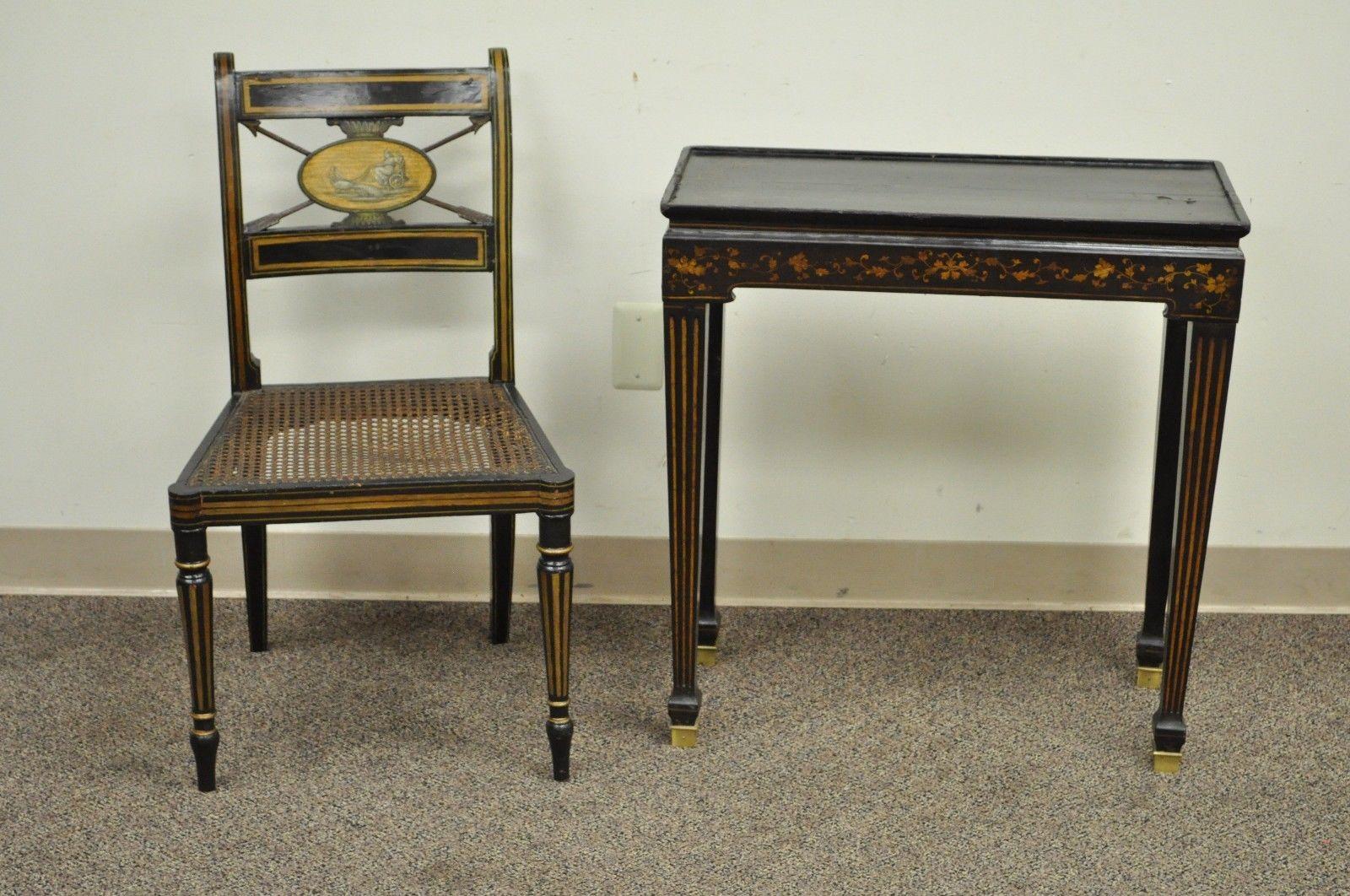 Antique Neoclassical Black Lacquered Desk Telephone Table Stand and Accent Chair 5