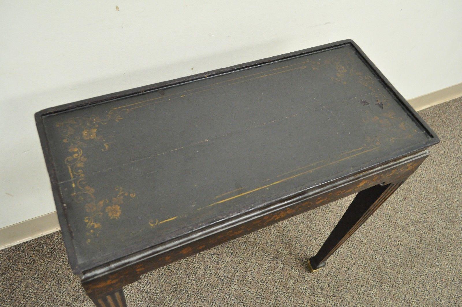 Antique Neoclassical Black Lacquered Desk Telephone Table Stand and Accent Chair In Good Condition In Philadelphia, PA