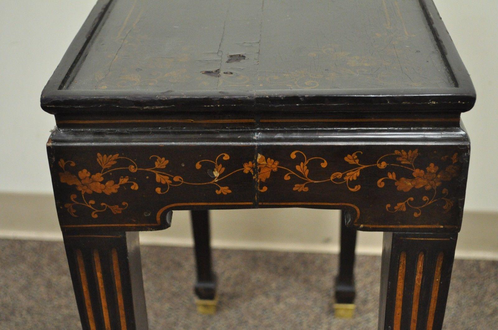 Antique Neoclassical Black Lacquered Desk Telephone Table Stand and