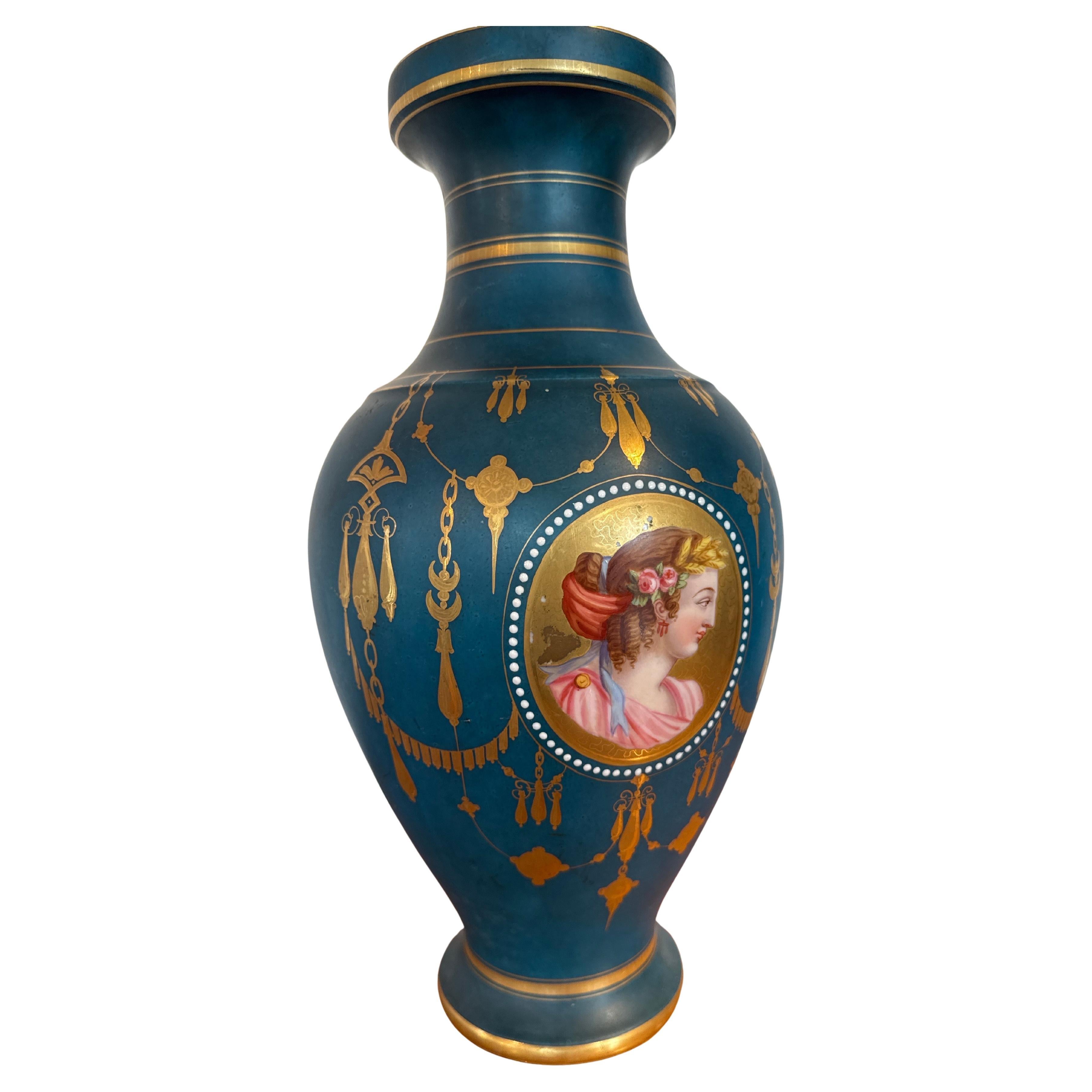Antique porcelain Sèvres Medaillon vase with a beau blue ground, gilt ornaments, leaves decoration surrounding the portrait in medallion. The vase is in original good condition with some signs of use, no cracks or chips. Very nice decorative