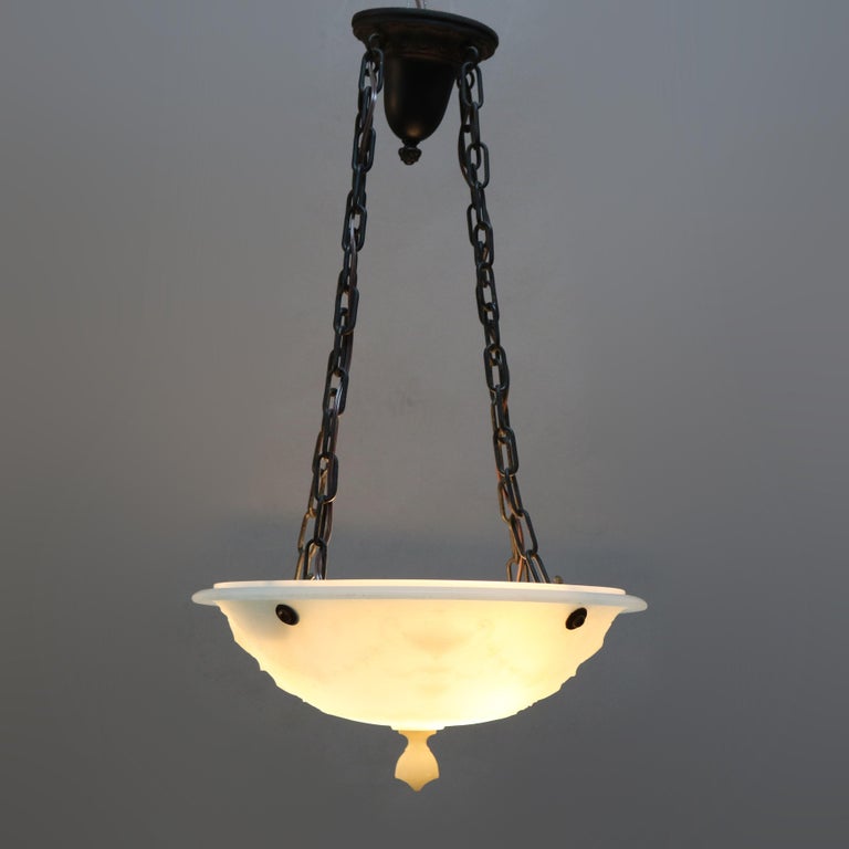 Antique Neoclassical Brass and Glass Embossed Hanging Dome Light, Circa