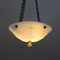 Antique Neoclassical Brass & Glass Embossed Hanging Dome Light, Circa 1920