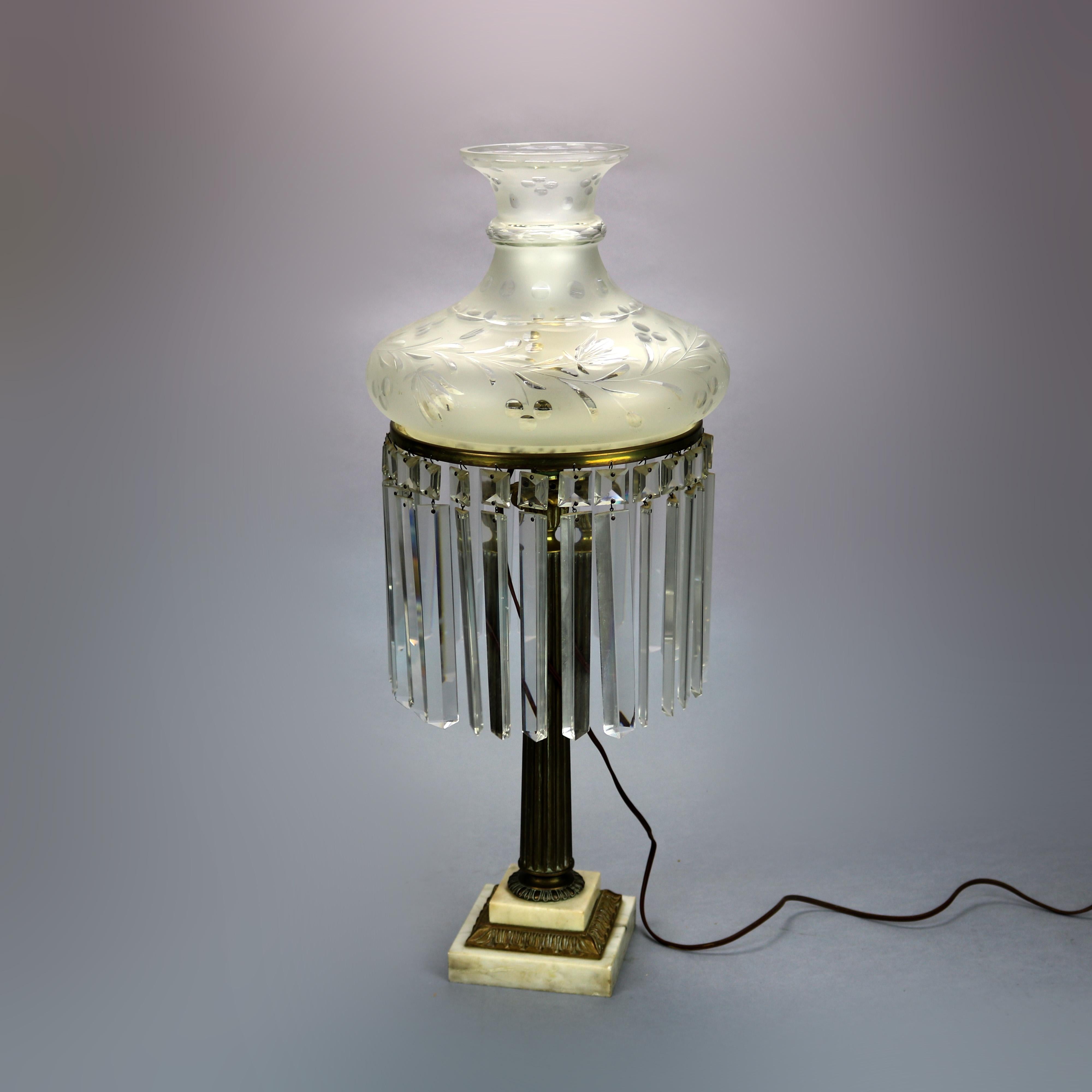 Antique Neoclassical Brass Sinumbra Lamp with Cut Glass Shade & Prisms, c1840 3