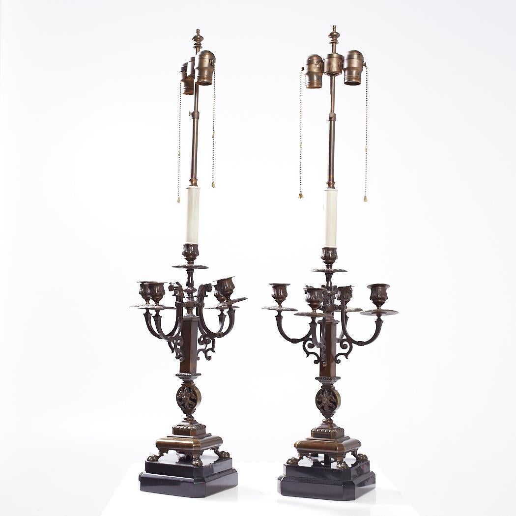 French Antique Neoclassical Bronze Candelabra Lamps - Pair For Sale