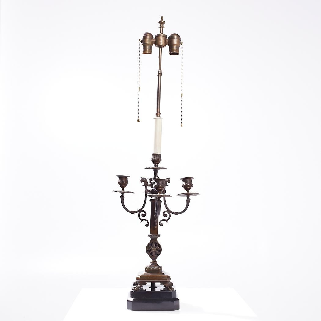 Antique Neoclassical Bronze Candelabra Lamps - Pair In Good Condition For Sale In Countryside, IL