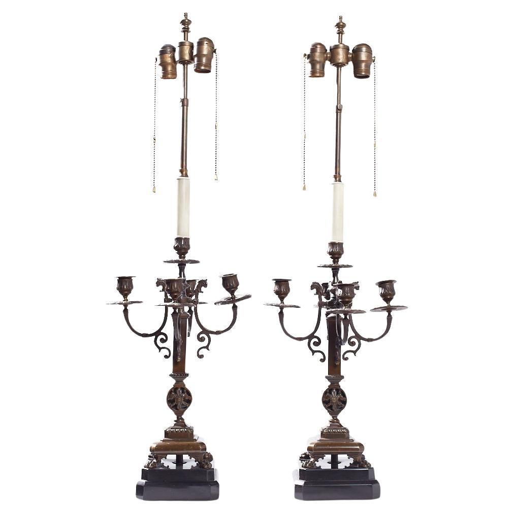 Antique Neoclassical Bronze Candelabra Lamps - Pair For Sale