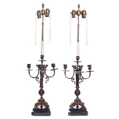 Vintage Neoclassical Bronze Candelabra Lamps - Pair