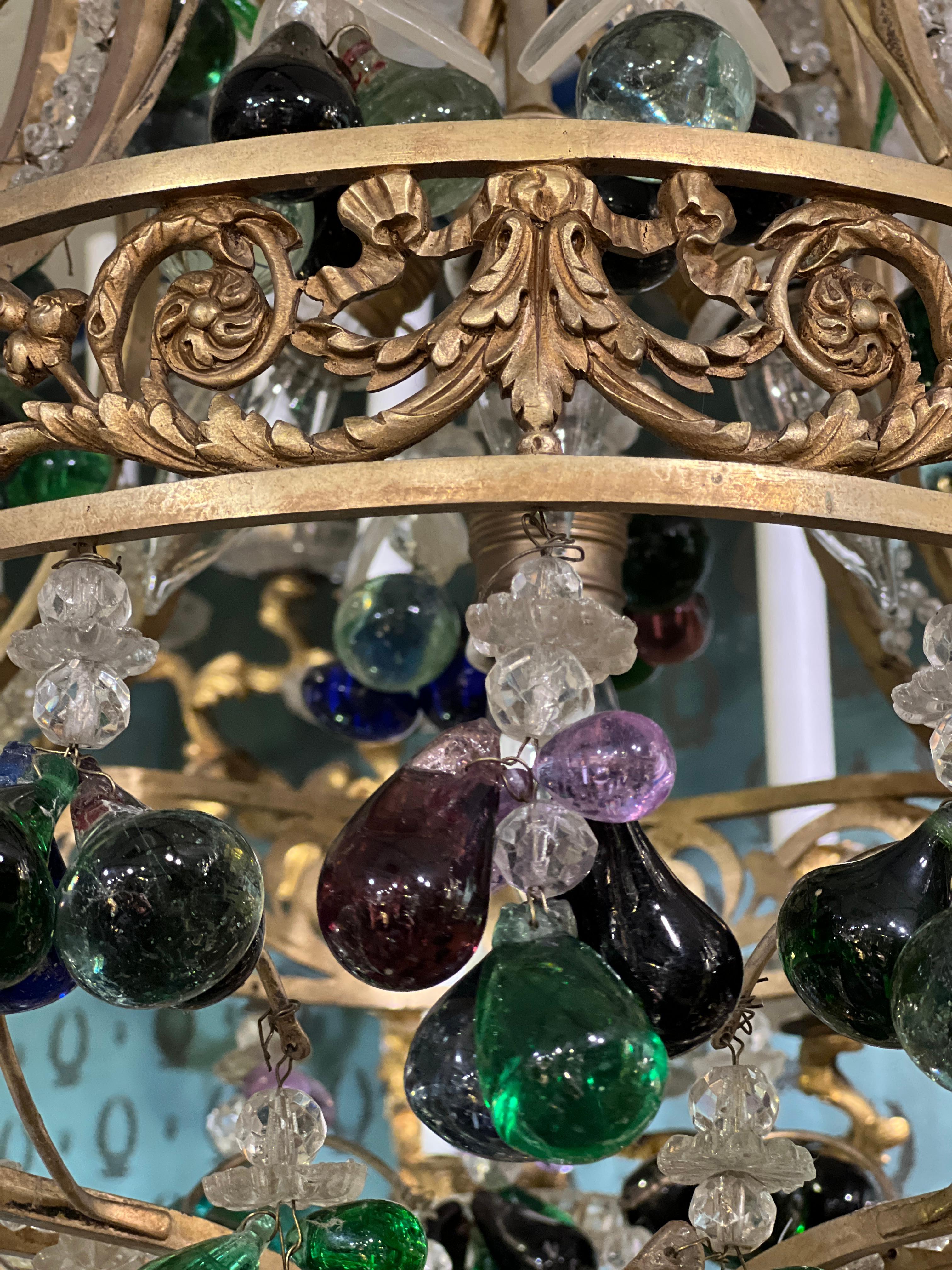 Antique Neoclassical Bronze Chandelier with Colorful Fruit Pendants im Angebot 7