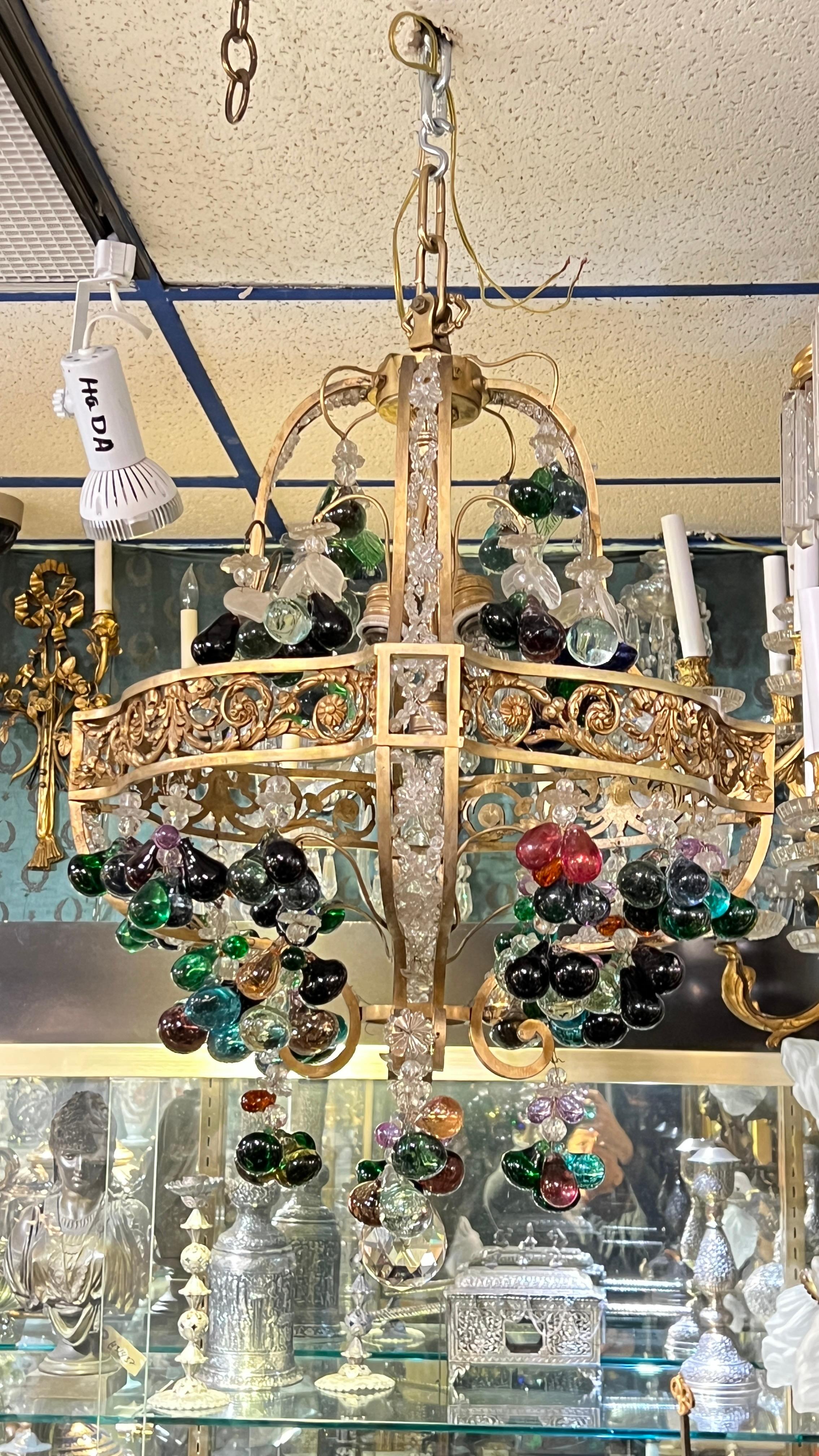 Antique Neoclassical Bronze Chandelier with Colorful Fruit Pendants im Angebot 1