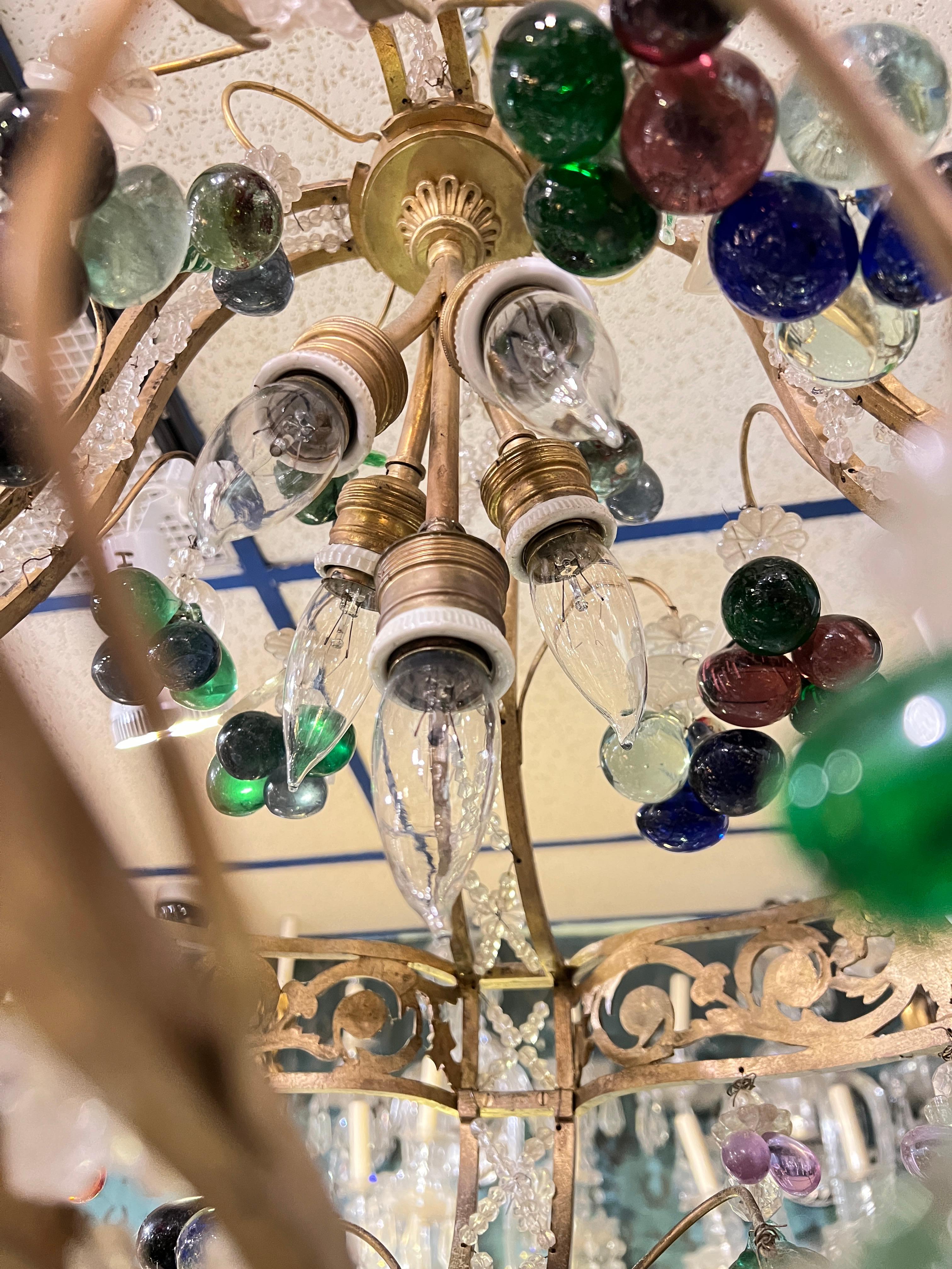 Antique Neoclassical Bronze Chandelier with Colorful Fruit Pendants im Angebot 2