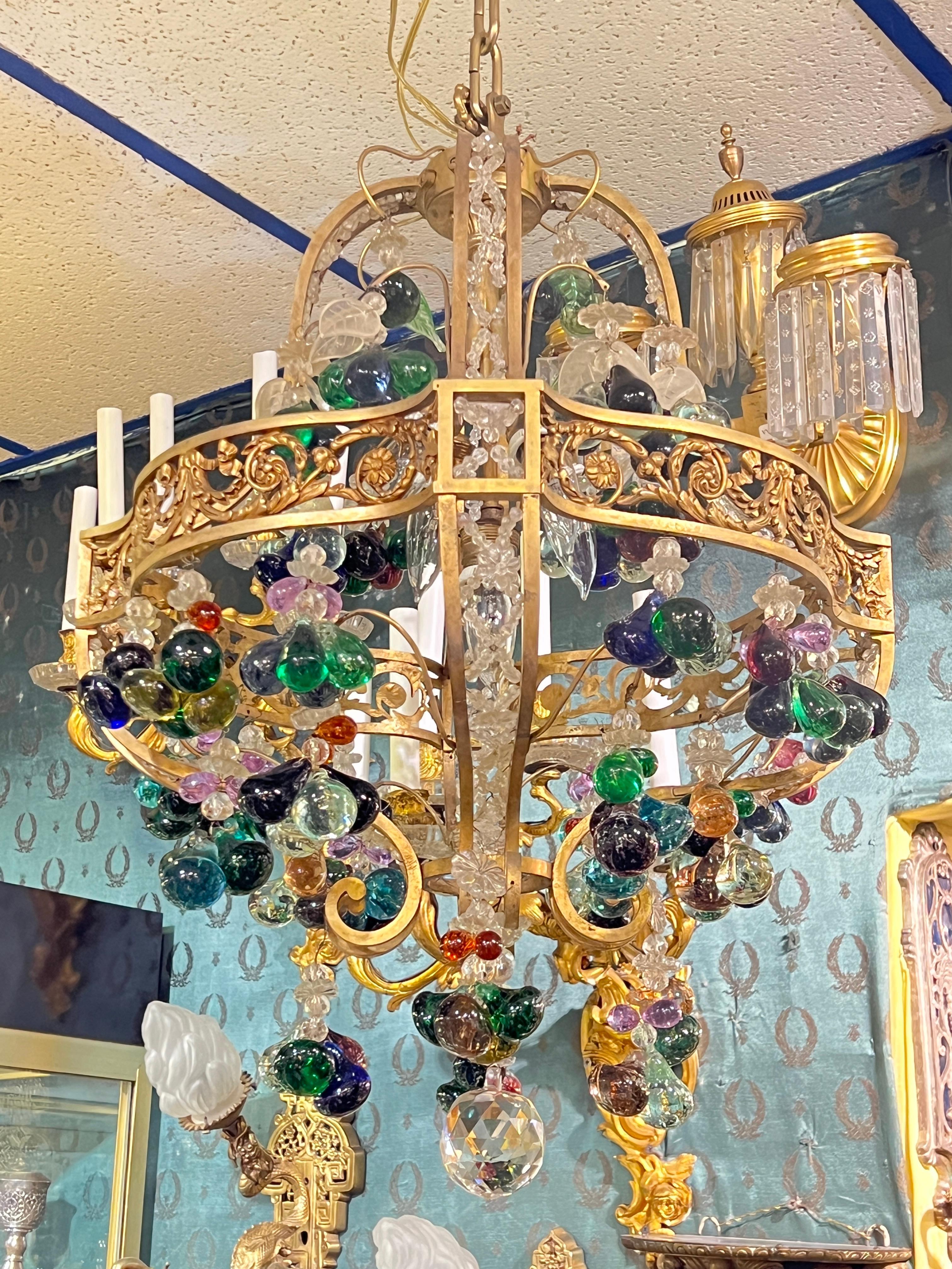 Antique Neoclassical Bronze Chandelier with Colorful Fruit Pendants im Angebot 4