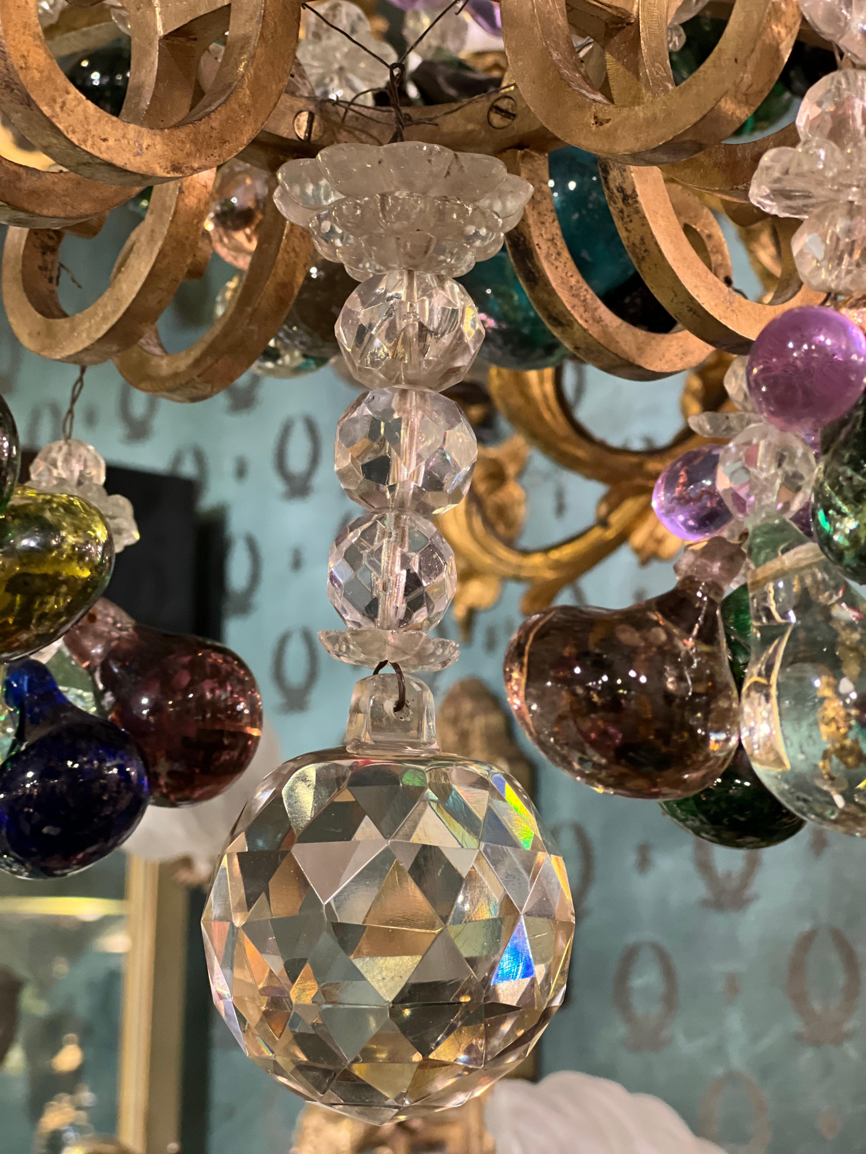 Antique Neoclassical Bronze Chandelier with Colorful Fruit Pendants im Angebot 5