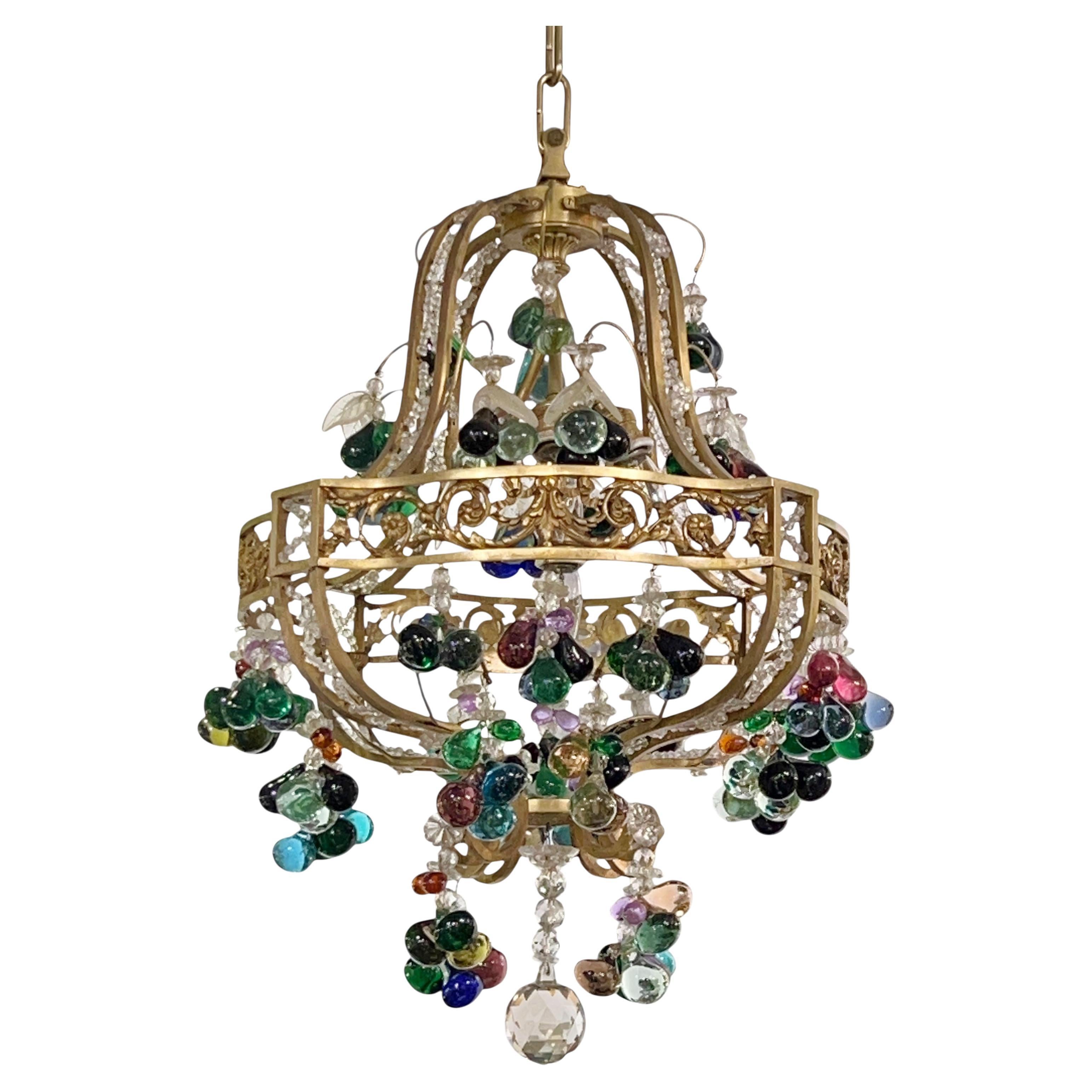 Antique Neoclassical Bronze Chandelier with Colorful Fruit Pendants