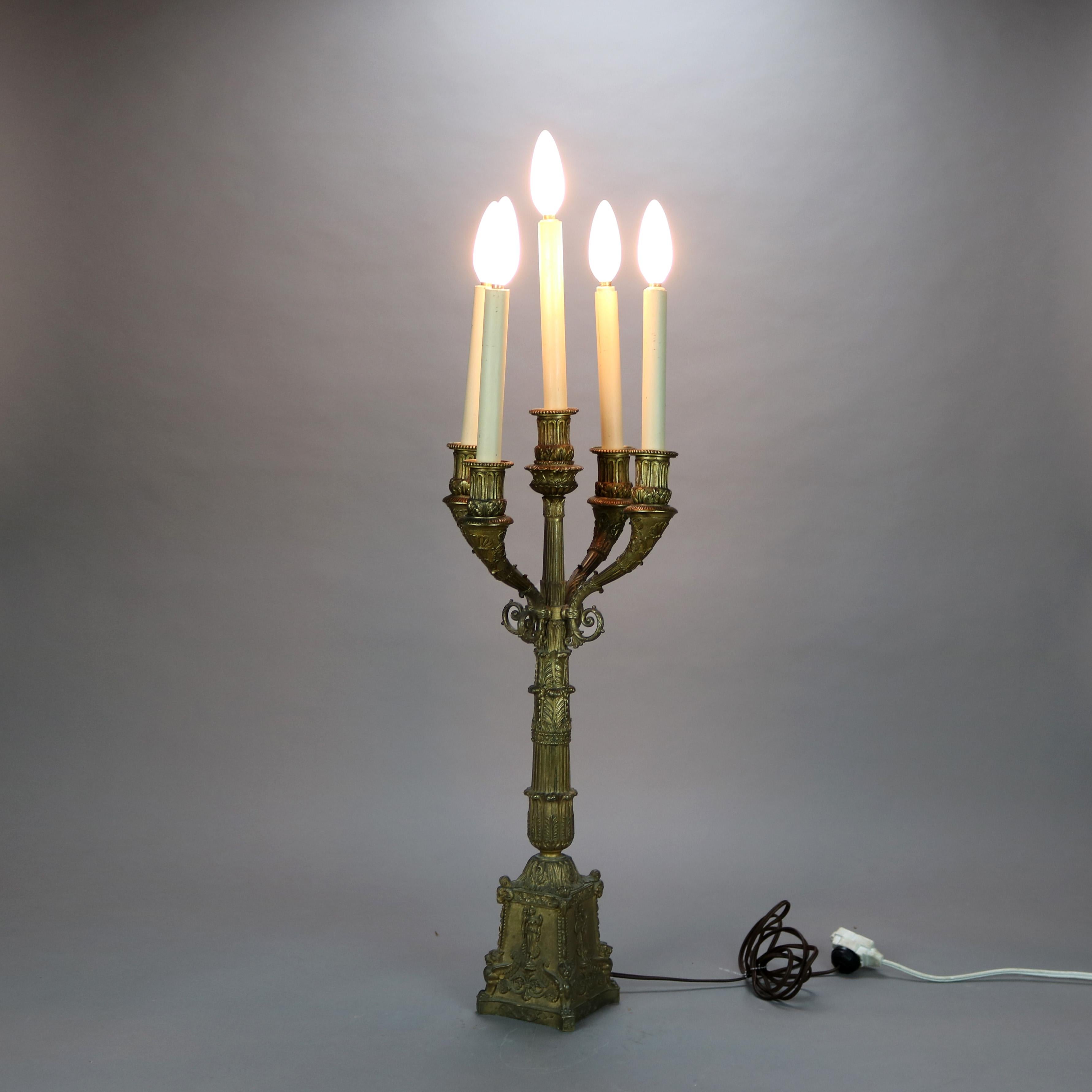 Antique Neoclassical Bronze Five Light Candelabra Table Lamp C1890 For Sale 4