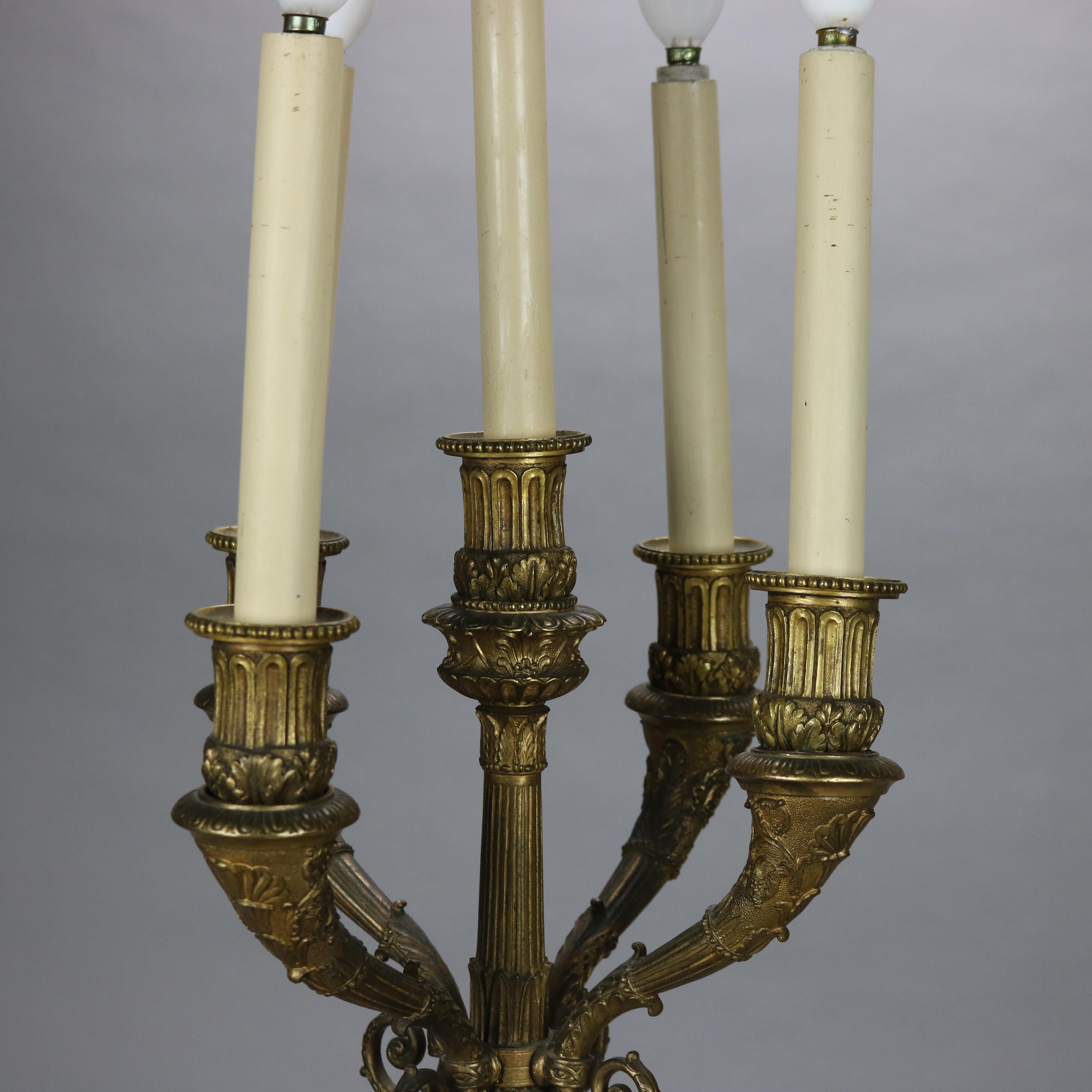 Antique Neoclassical Bronze Five Light Candelabra Table Lamp C1890 For Sale 2
