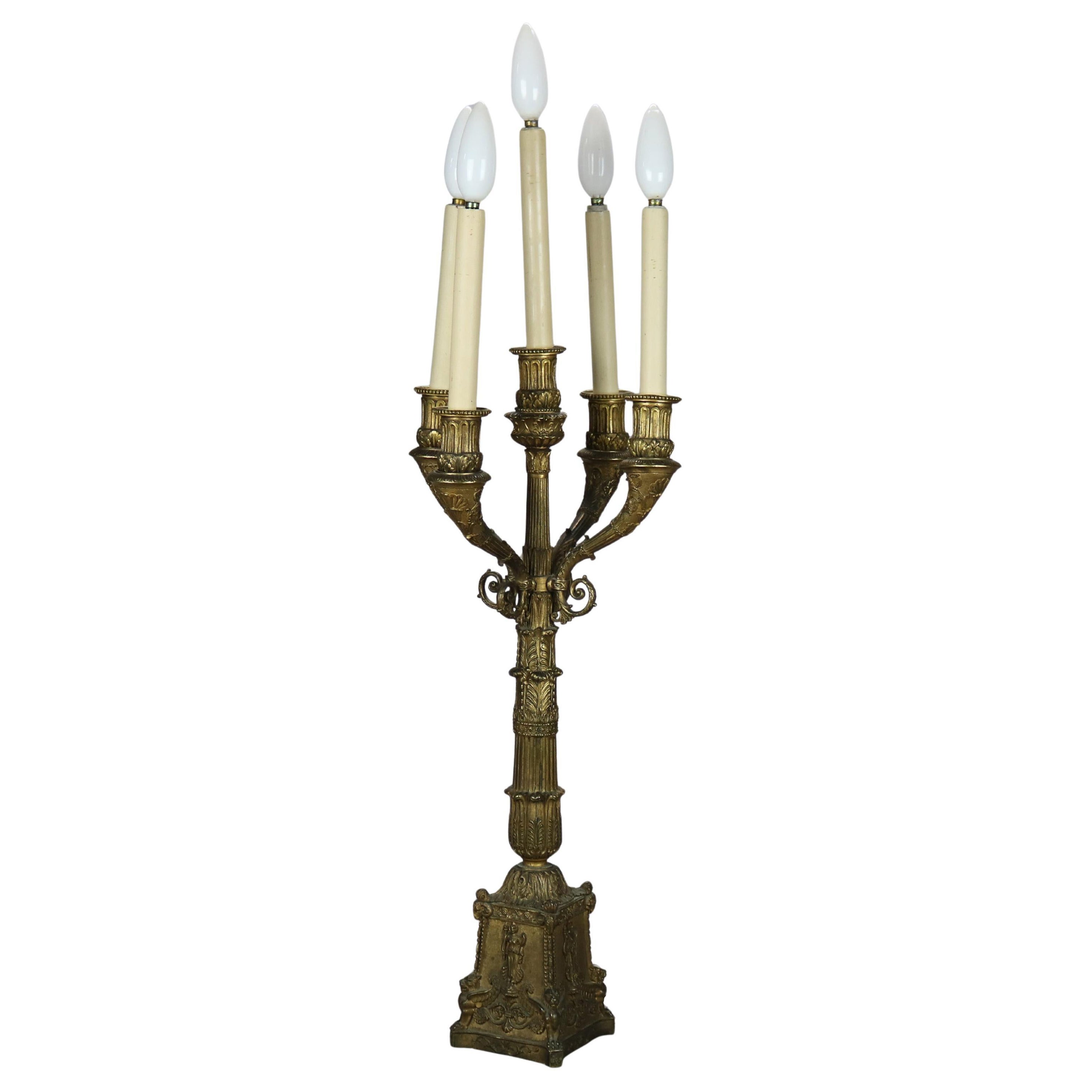 Antique Neoclassical Bronze Five Light Candelabra Table Lamp C1890