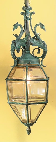 Antique Neoclassical Bronze Hanging Lantern / Pendent with Ornate Swan Motif