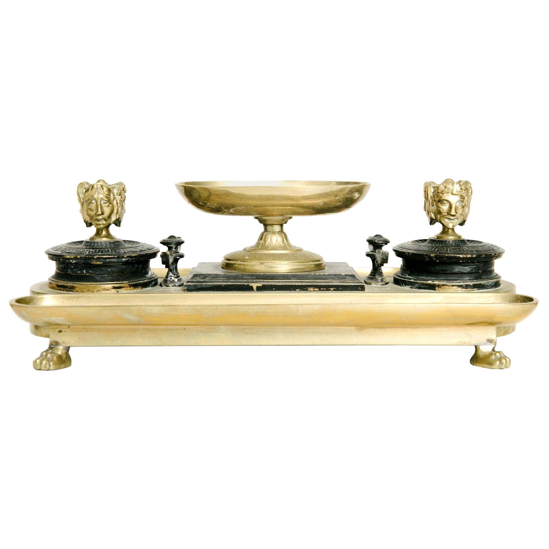 Antique Neoclassical Bronze Inkwell Desk Set