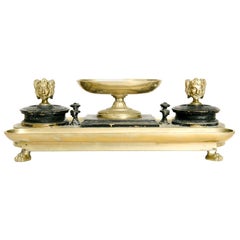Antike neoklassische Bronze Tintenfass Schreibtisch Set