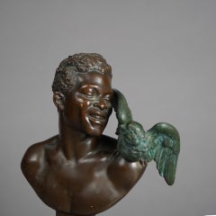 Antique Neoclassical Bronze & Marble Man & Bird Sculpture By E. Encke Fec. C1880