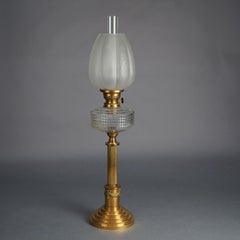 Antique Neoclassical Bronze Oil Lamp with Floral Ripple Glass Shade C1890