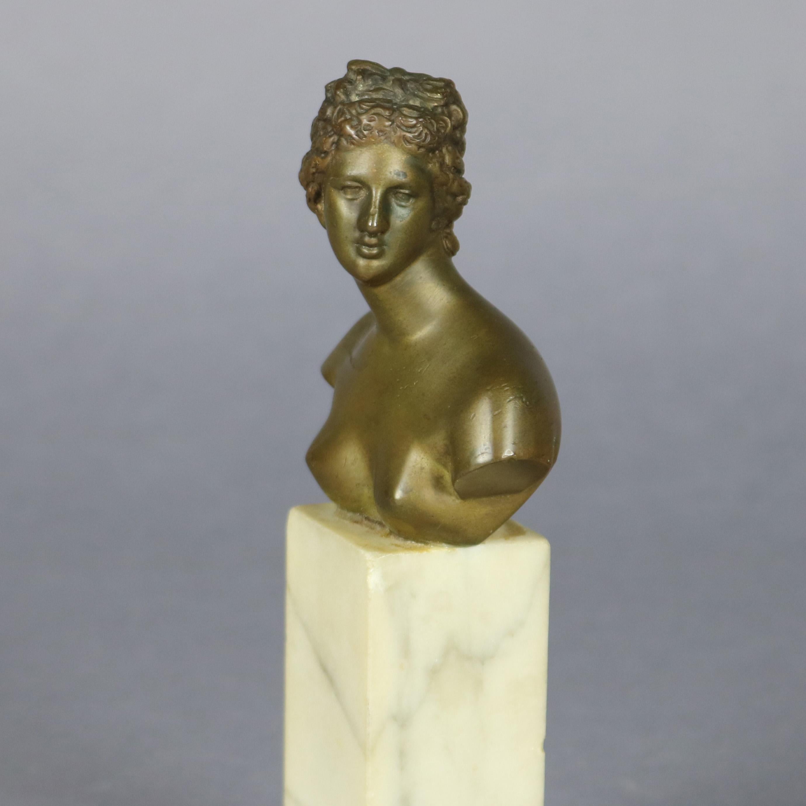 Antique neoclassical portrait sculpture of Greek Goddess Artemis features bronze bust raised on square marble plinth, circa 1890

***DELIVERY NOTICE – Due to COVID-19 we are employing NO-CONTACT PRACTICES in the transfer of purchased items. 