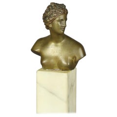 Antique Neoclassical Bronze Portrait Sculpture of Greek Artemis on Marble