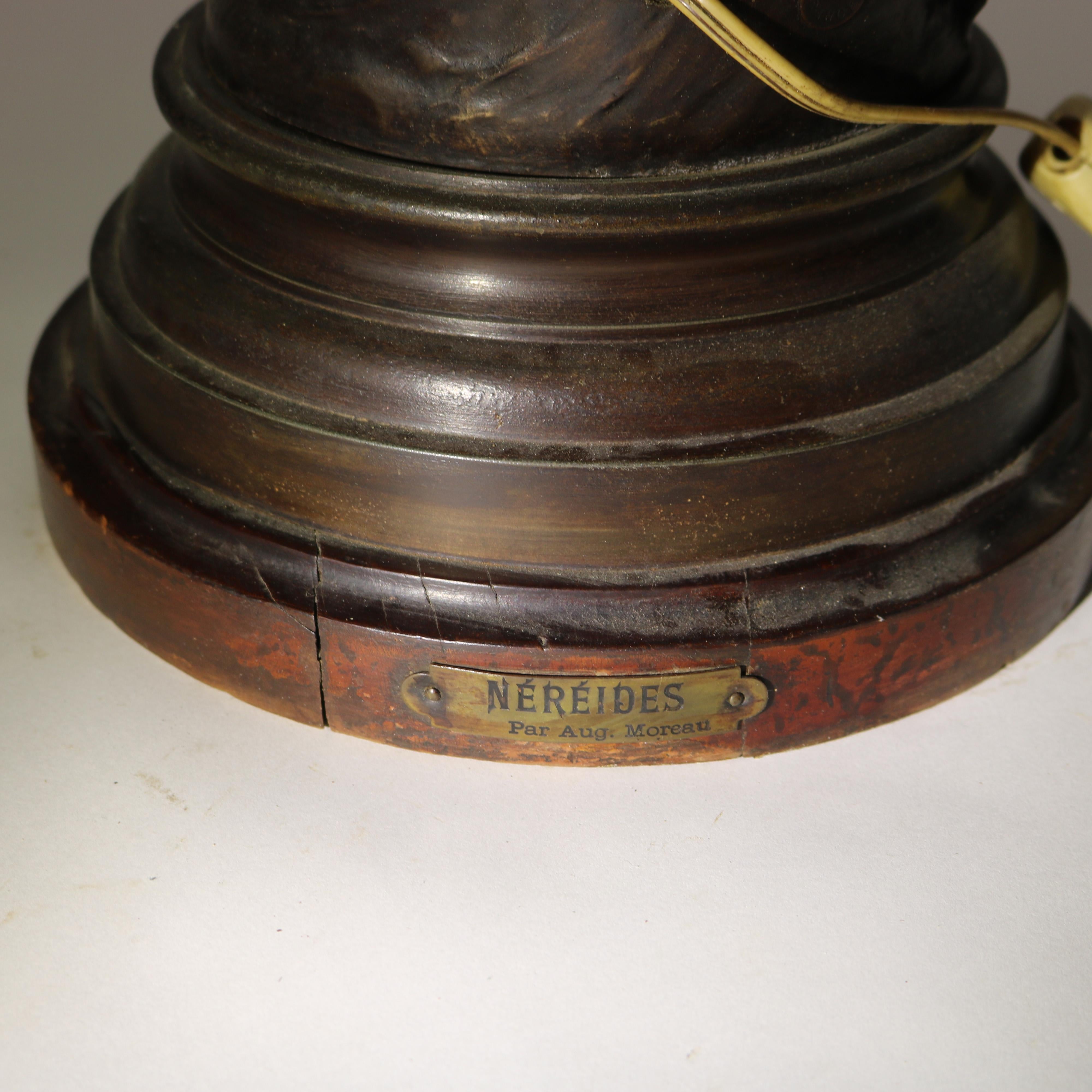 Antique Neoclassical Bronzed Figural Newell Lamp, Nereides by A. Moreau, C1900 5