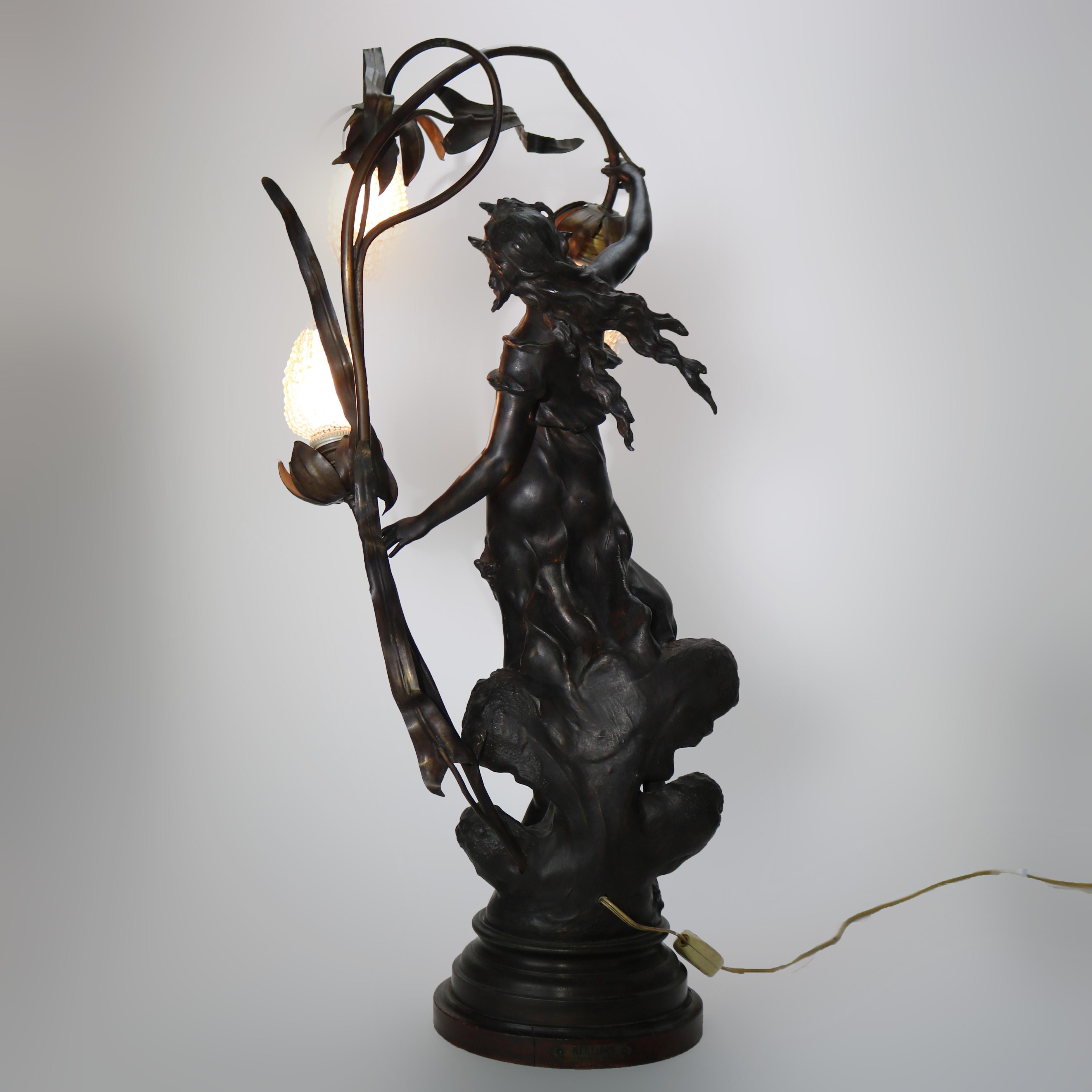 Antique Neoclassical Bronzed Figural Newell Lamp, Nereides by A. Moreau, C1900 6