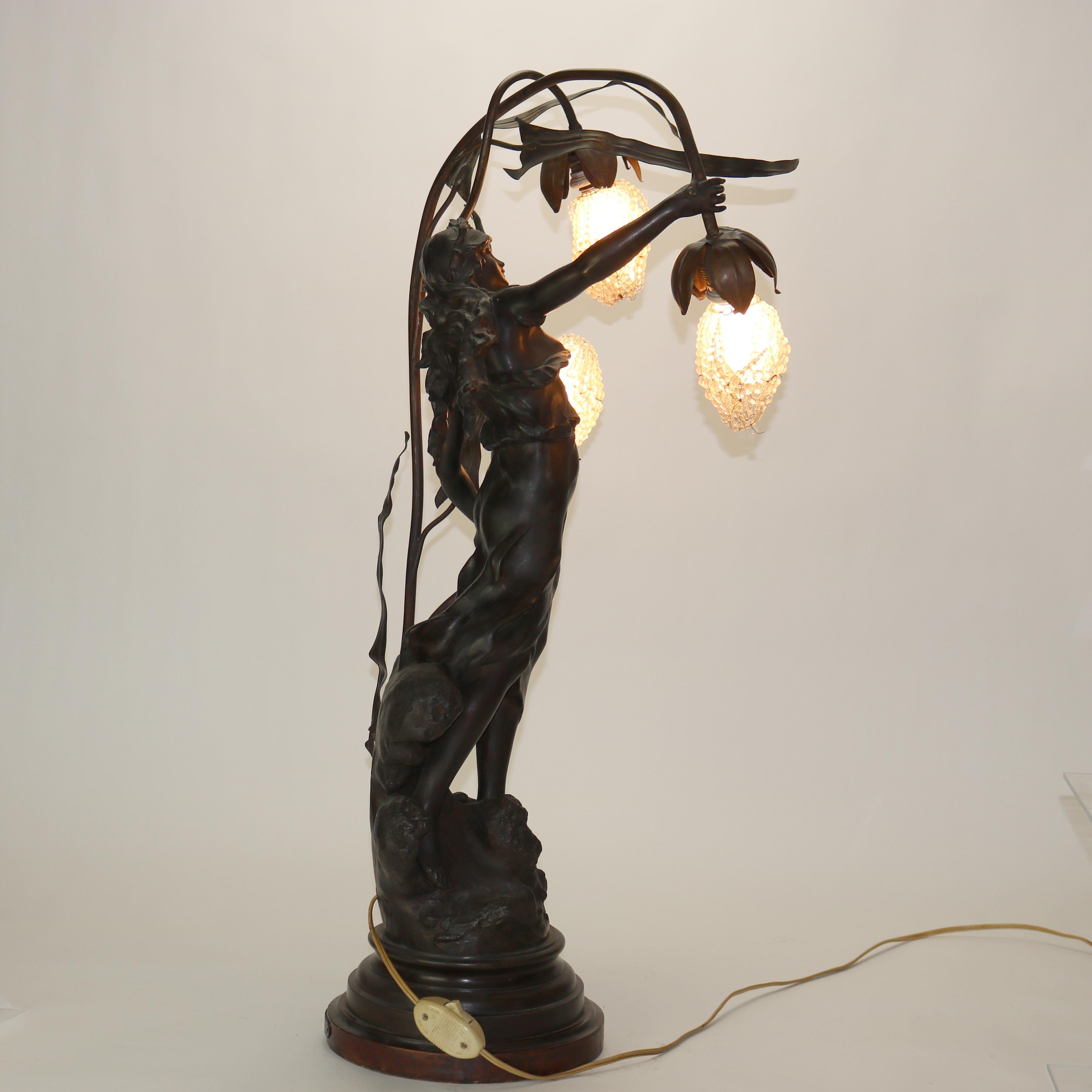 Antique Neoclassical Bronzed Figural Newell Lamp, Nereides by A. Moreau, C1900 12