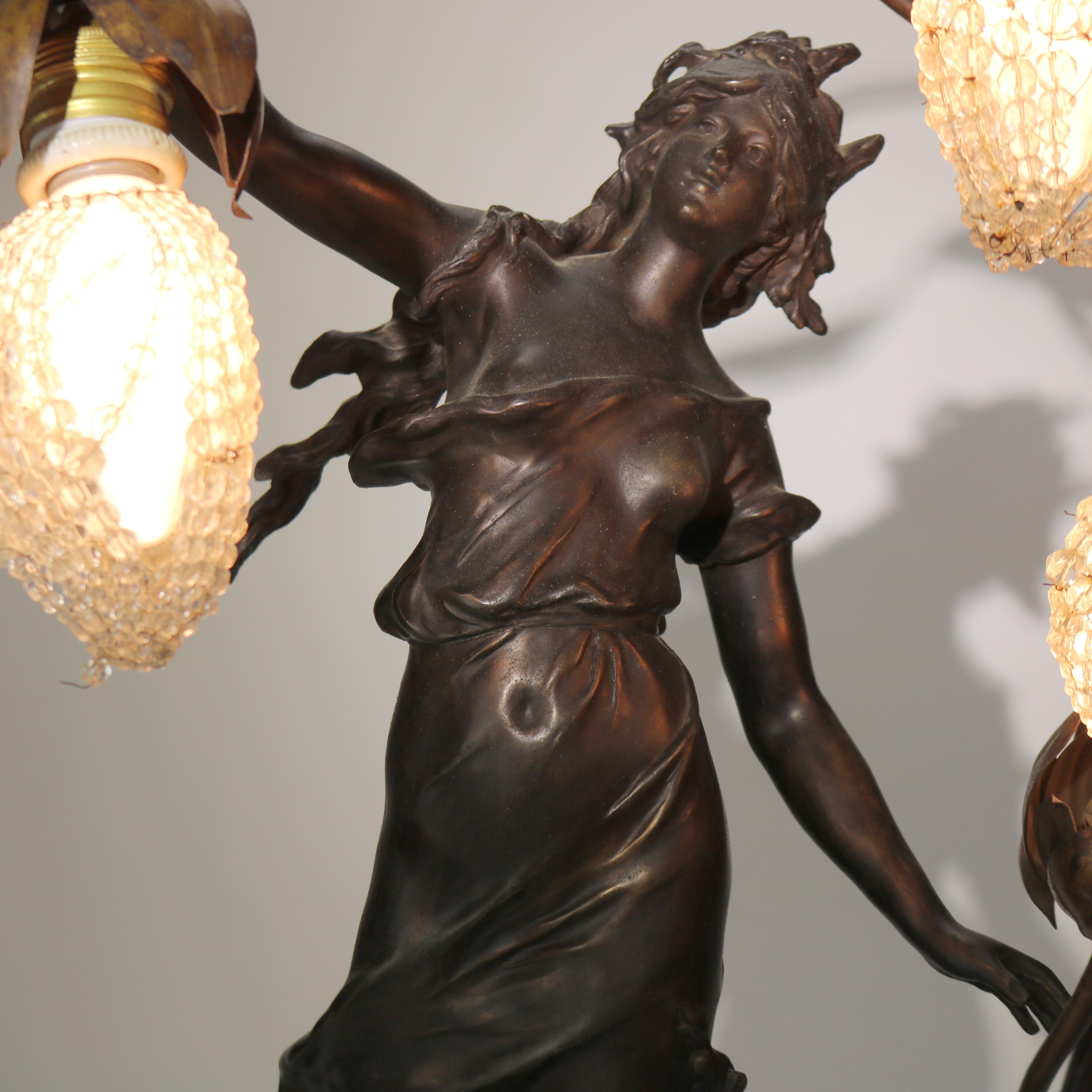 ***Reduced In-House Delivery Rates - Click on “Ask Seller” to Request a Quote***

Antique Neoclassical Bronzed Figural Newell Lamp of Sea Nymph with Beaded Shades, Nereides by A. Moreau, C1900

Measures - 32.5