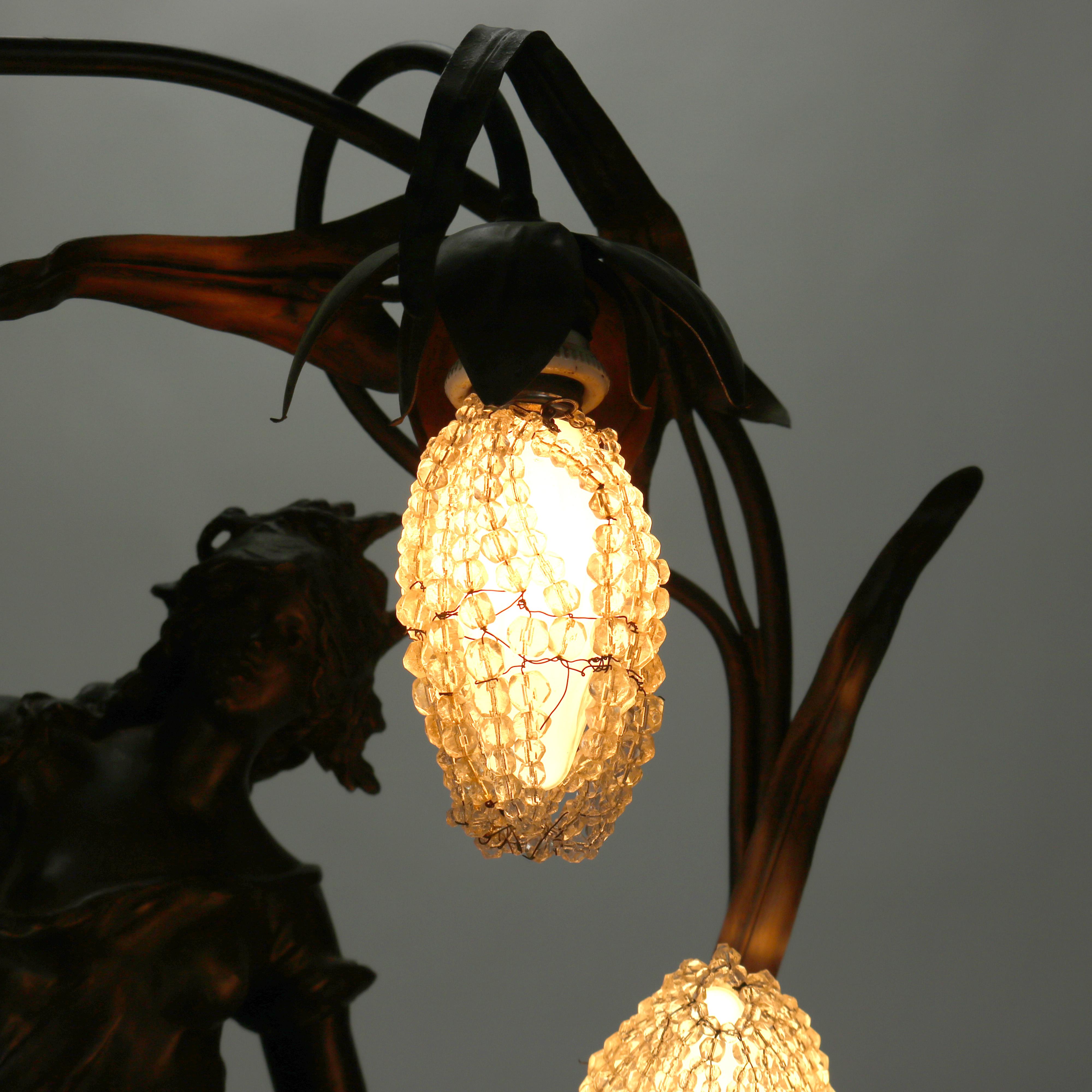 American Antique Neoclassical Bronzed Figural Newell Lamp, Nereides by A. Moreau, C1900