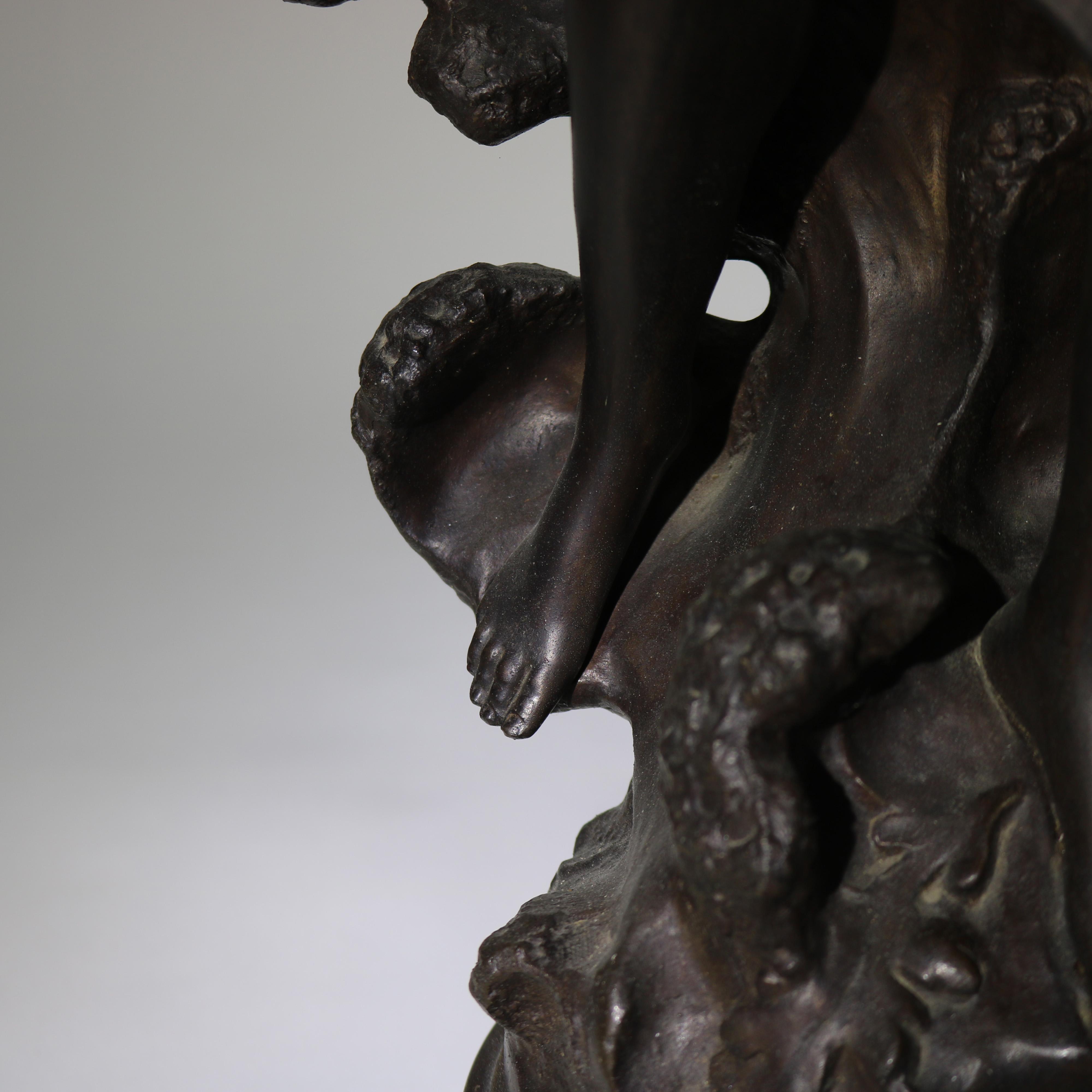 Antique Neoclassical Bronzed Figural Newell Lamp, Nereides by A. Moreau, C1900 In Good Condition In Big Flats, NY