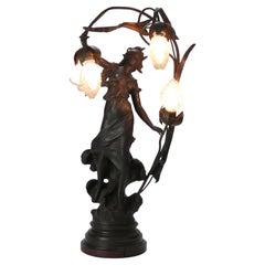 Antique Neoclassical Bronzed Figural Newell Lamp, Nereides by A. Moreau, C1900