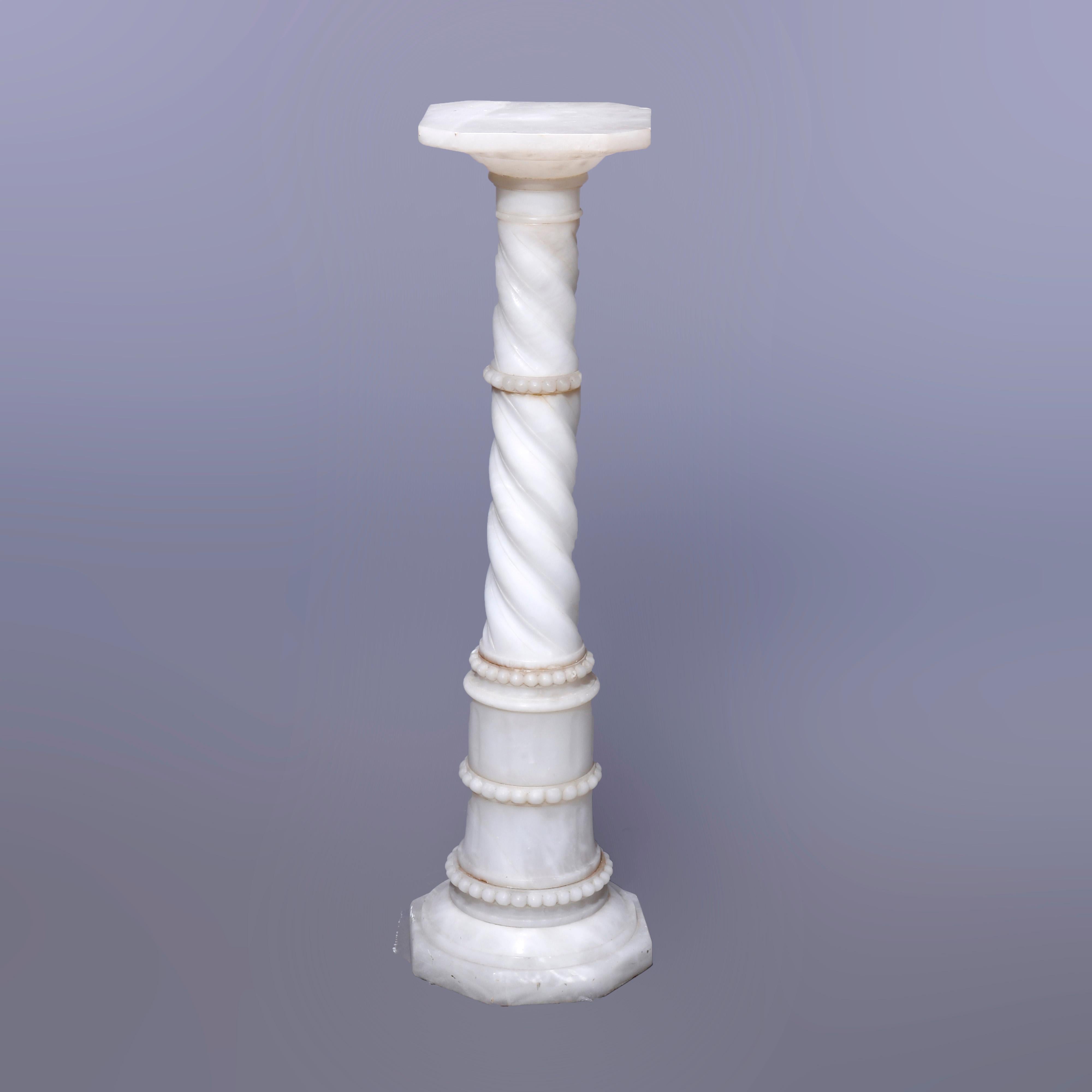 An antique neoclassical sculpture pedestal offers carved alabaster construction clipped corner display over rope twist flared column with beaded banding, raised on stepped base with octagonal foot, c1890

Measures - 39.5''h x 11''w x