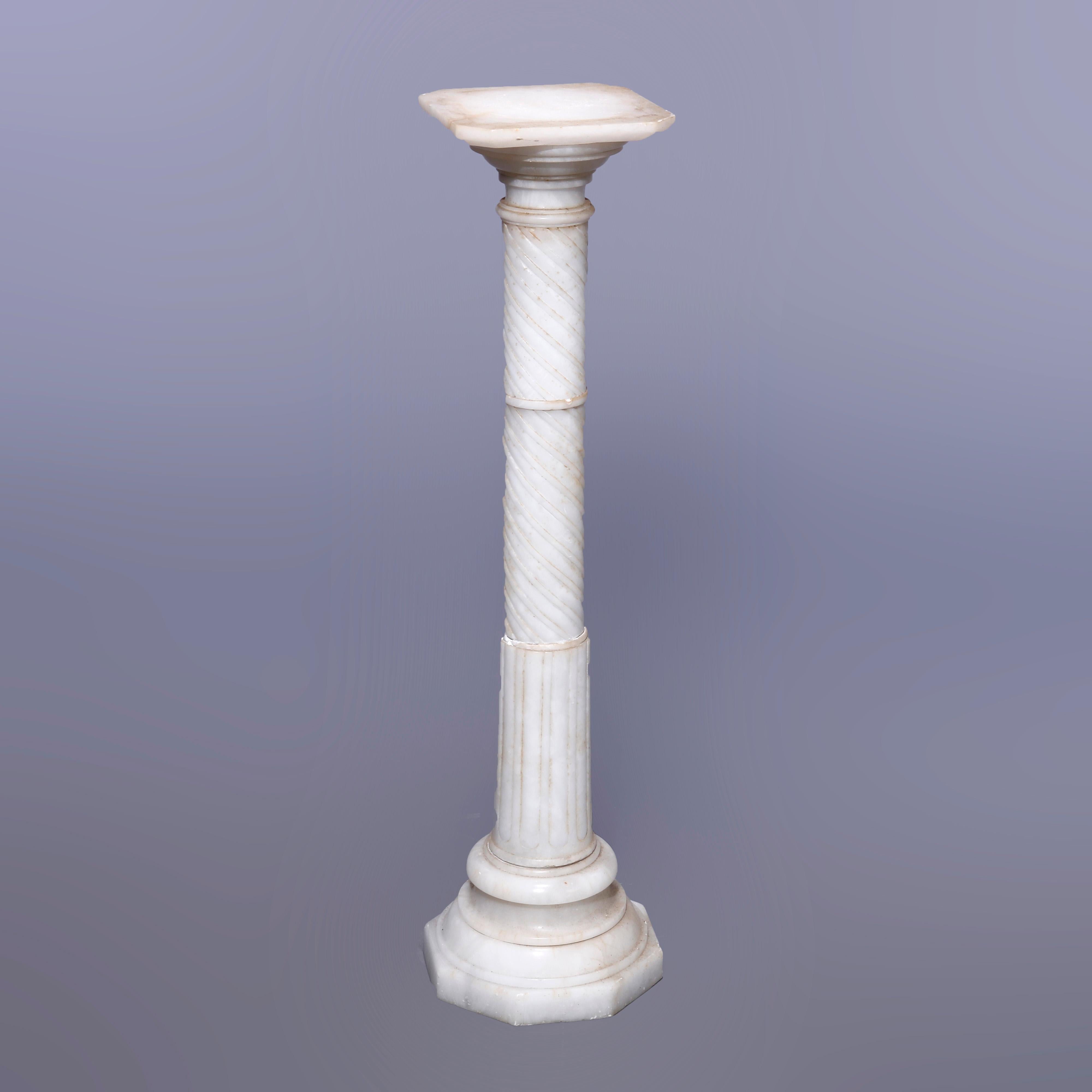 European Antique Neoclassical Carved Alabaster Sculpture Pedestal, Rope Twist Form, 1890 For Sale
