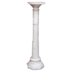 Antique Neoclassical Carved Alabaster Sculpture Pedestal, Rope Twist Form, 1890