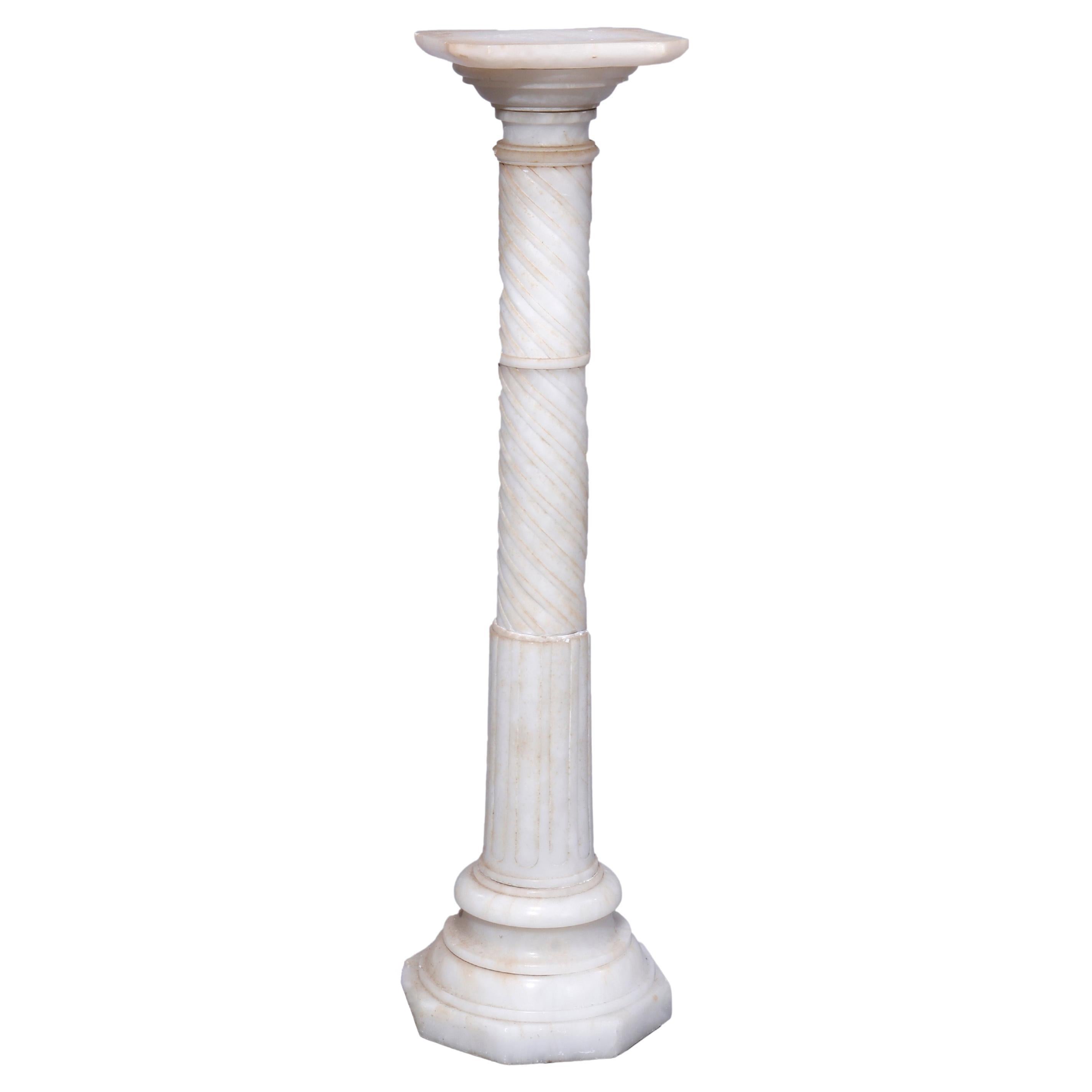 Antique Neoclassical Carved Alabaster Sculpture Pedestal, Rope Twist Form, C1890