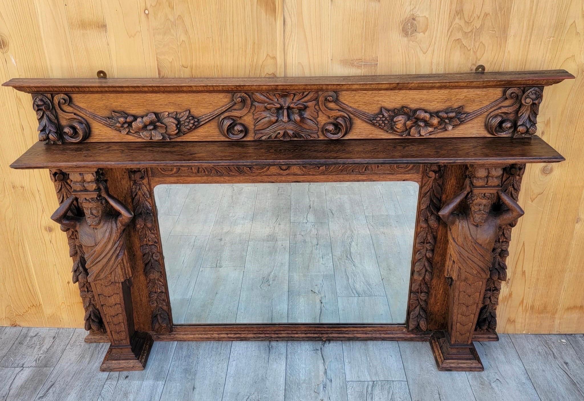Antique Mirror Topper per caminetto in stile neoclassico con figure intagliate a quarto di legno in vendita 4