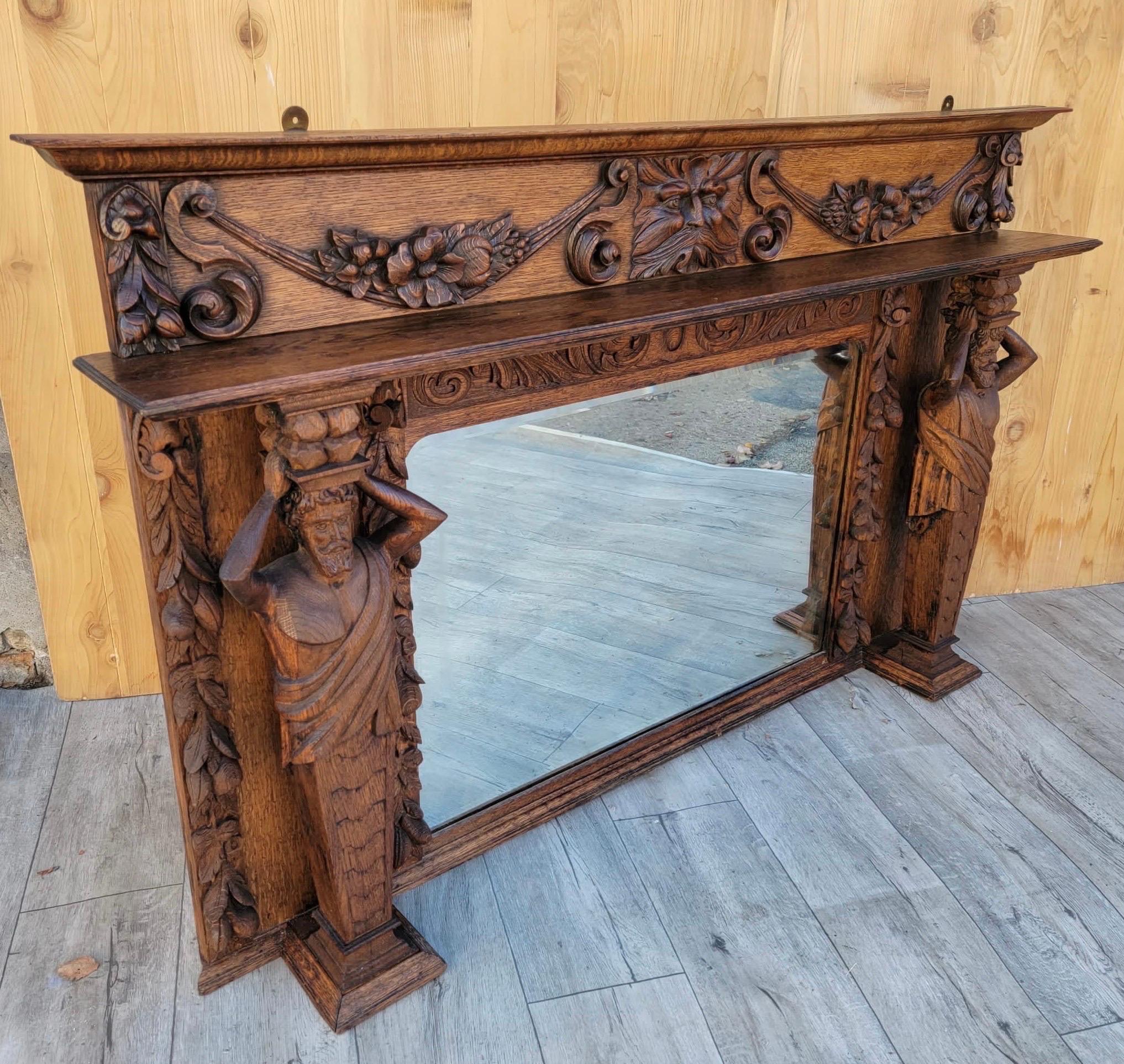 Antique Neoclassical Hand Carved Figural and Foliate Quarter-Sawn Fireplace Mantel Beveled Mirror Topper

Stunning 19th Century Neoclassical Hand Carved Finely Detailed Figural and Foliate Quarter-Sawn Oak Mantel Beveled Mirror Topper. 

This